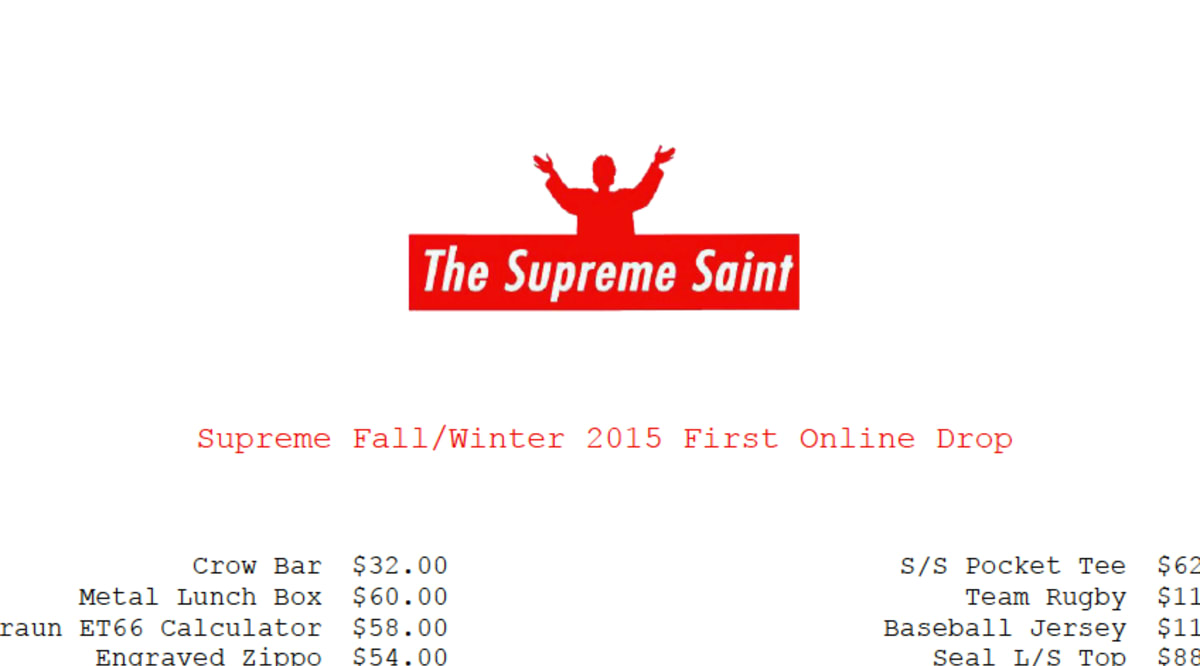 The Supreme Fall/Winter 2015 Collection Price List Complex