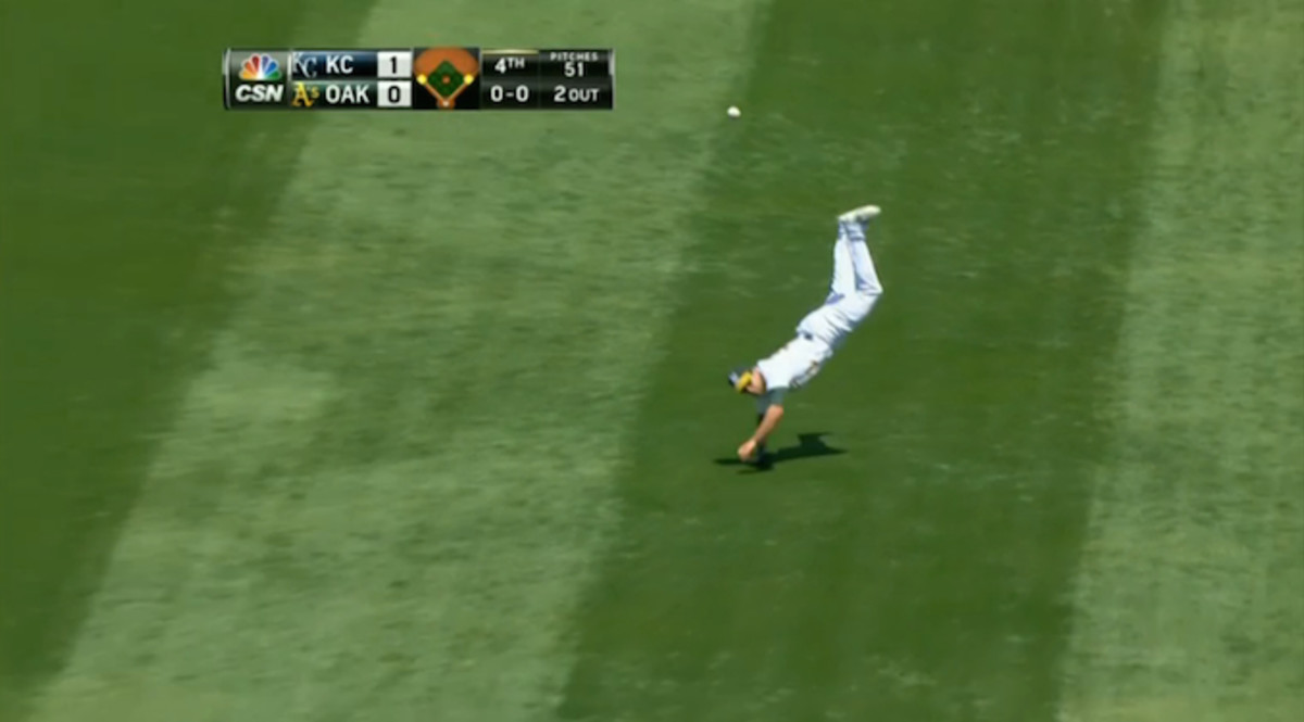 A's Outfielder Does Flip While Throwing Runner Out Complex