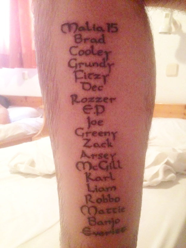 Guy Gets 17 of His Friends' Names Tattooed on His Leg Complex