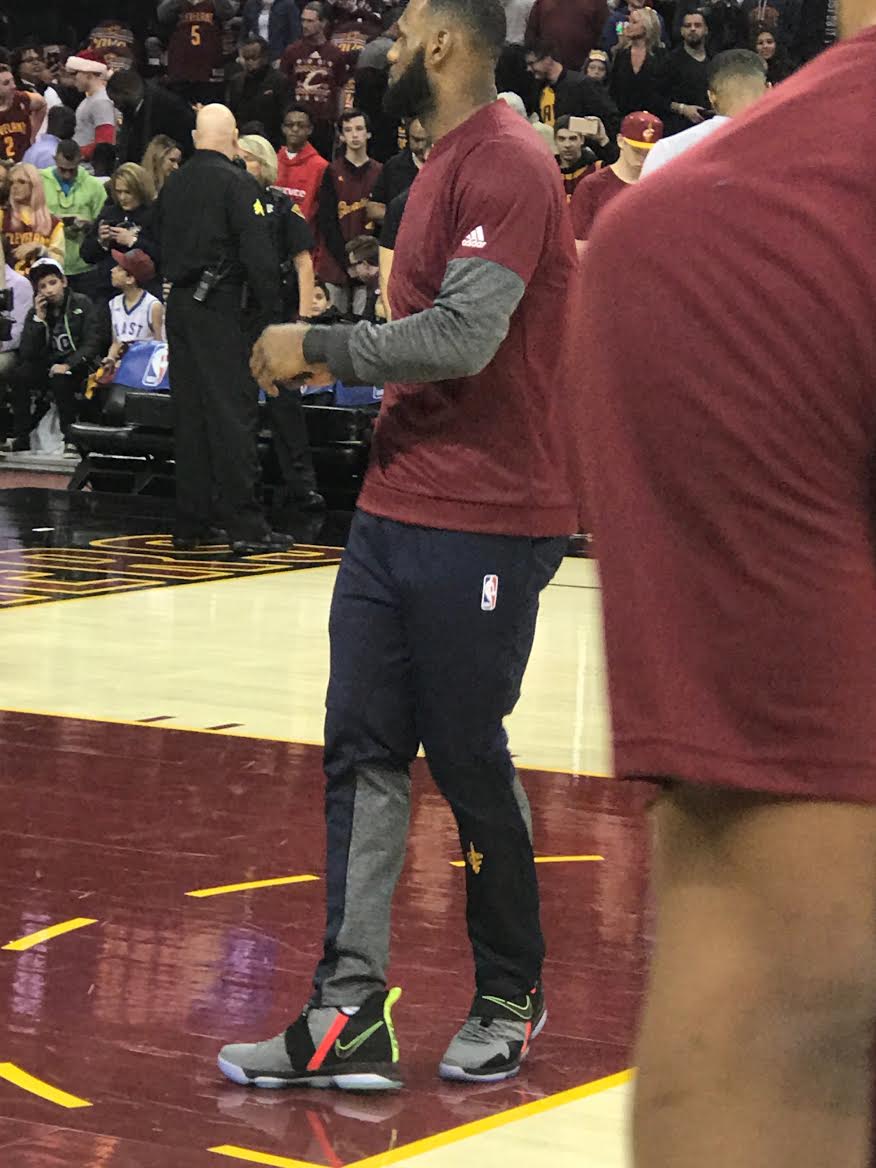 LeBron James wearing his new shoe during shoot around