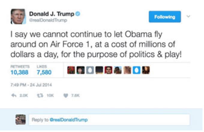 Trump tweets about travel costs.