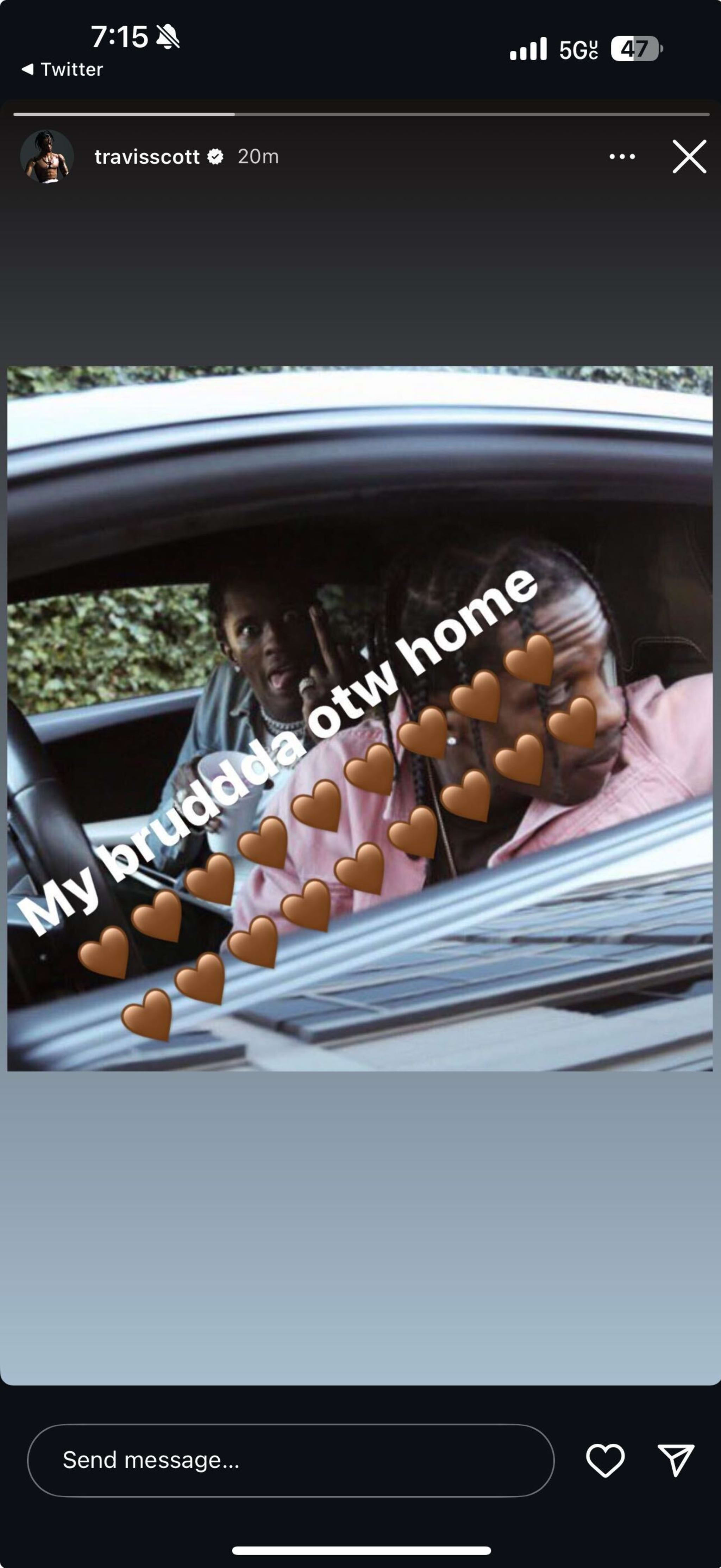 Travis Scott in a car with Young Thug, captioned "My bruddda otw home" with heart emojis.