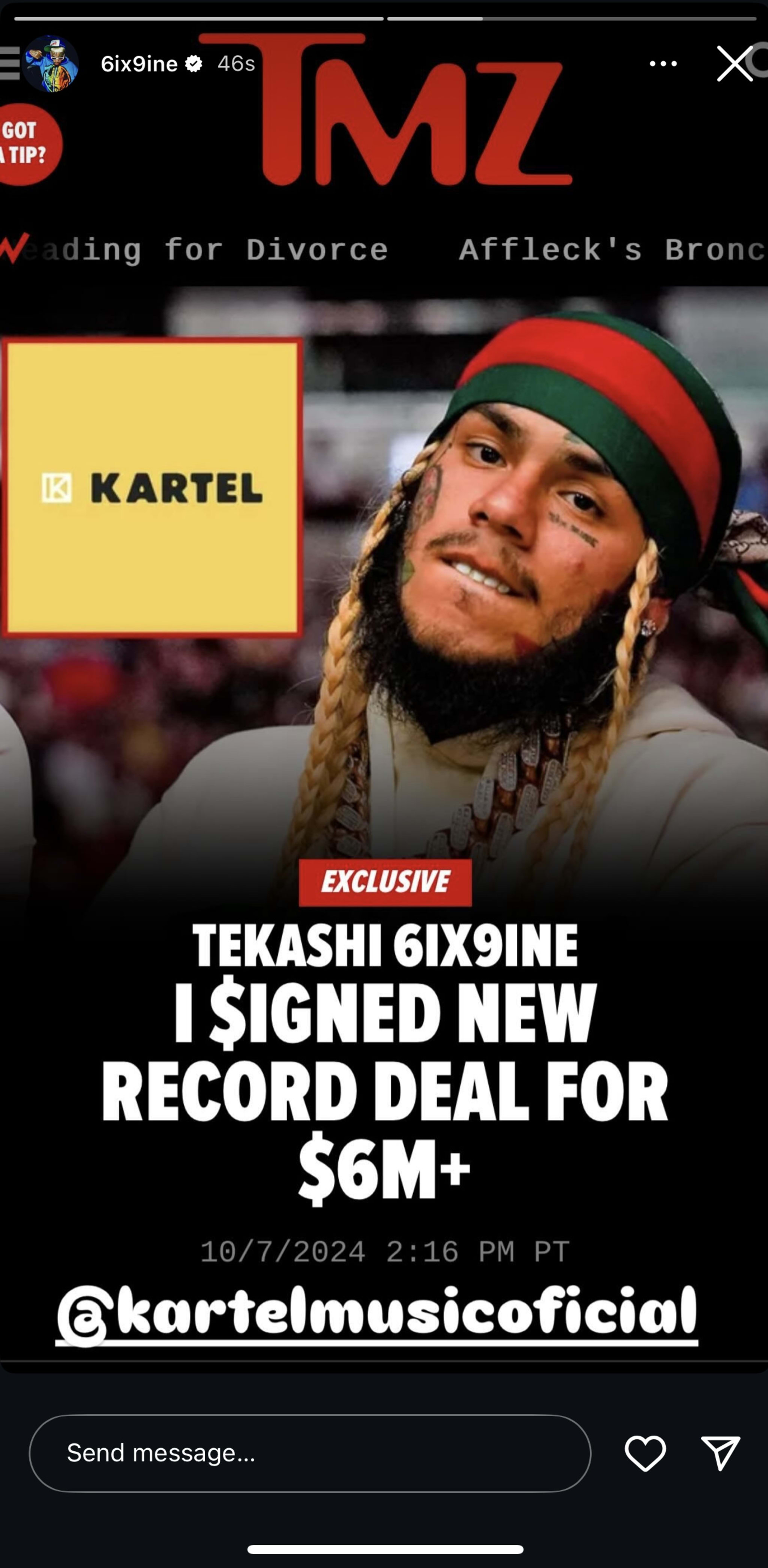 Screenshot from 6ix9ine’s Instagram Story.