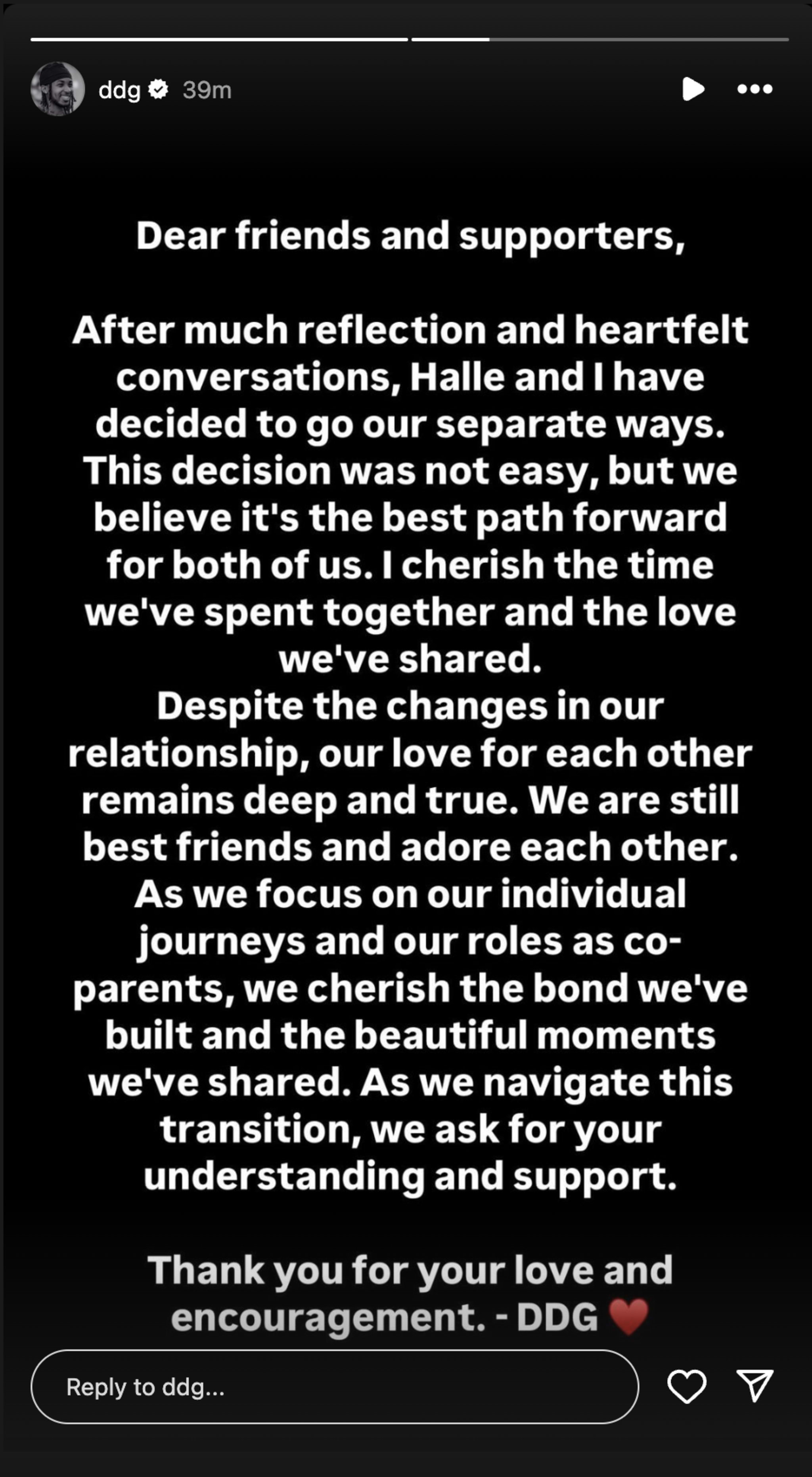 DDG Instagram post announcing split from Halle Bailey.