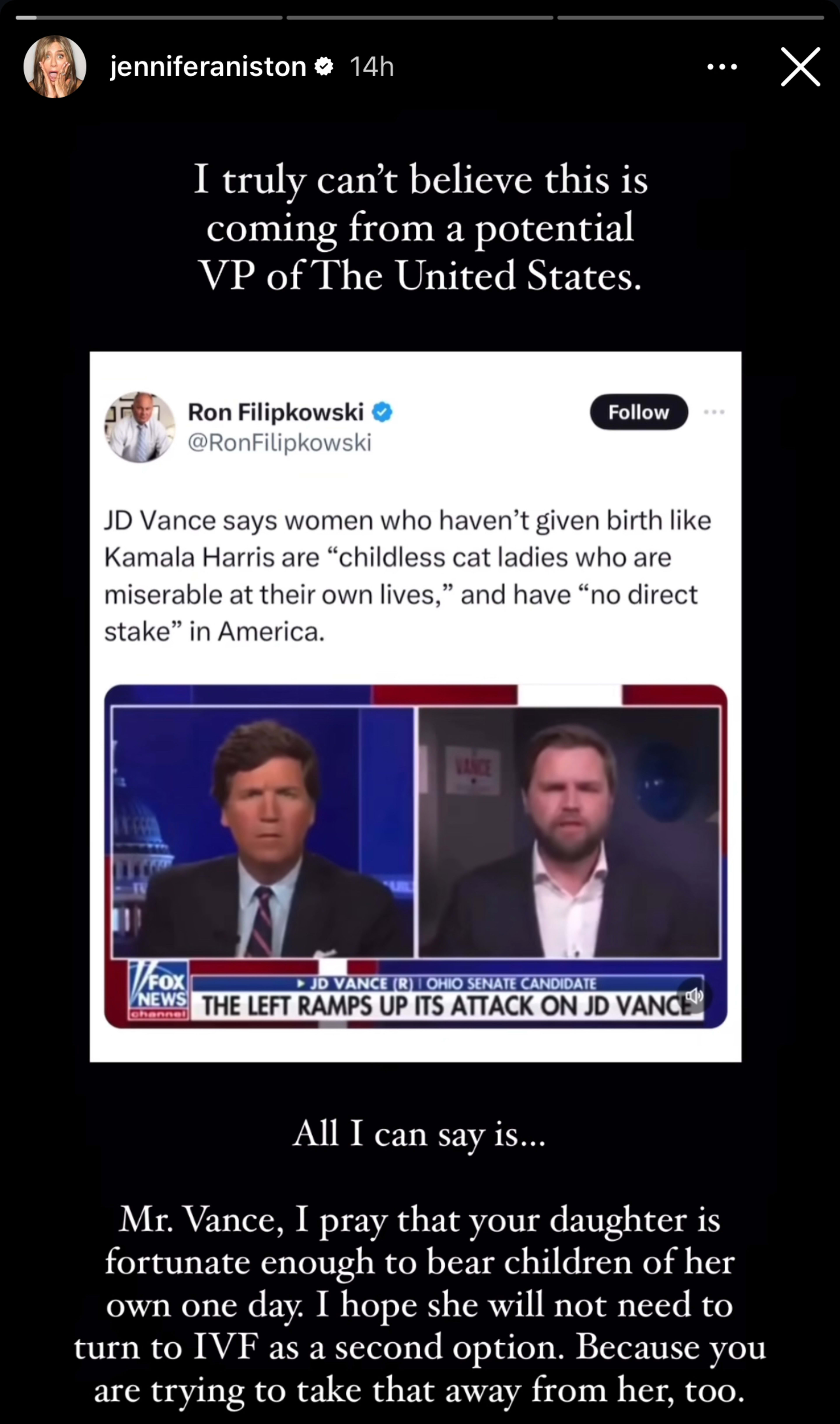 Screenshot of Jennifer Aniston's Instagram story showing a tweet by Ron Filipkowski. The tweet includes a criticism of JD Vance, featuring a TV segment with Tucker Carlson. Aniston responds with a message to JD Vance