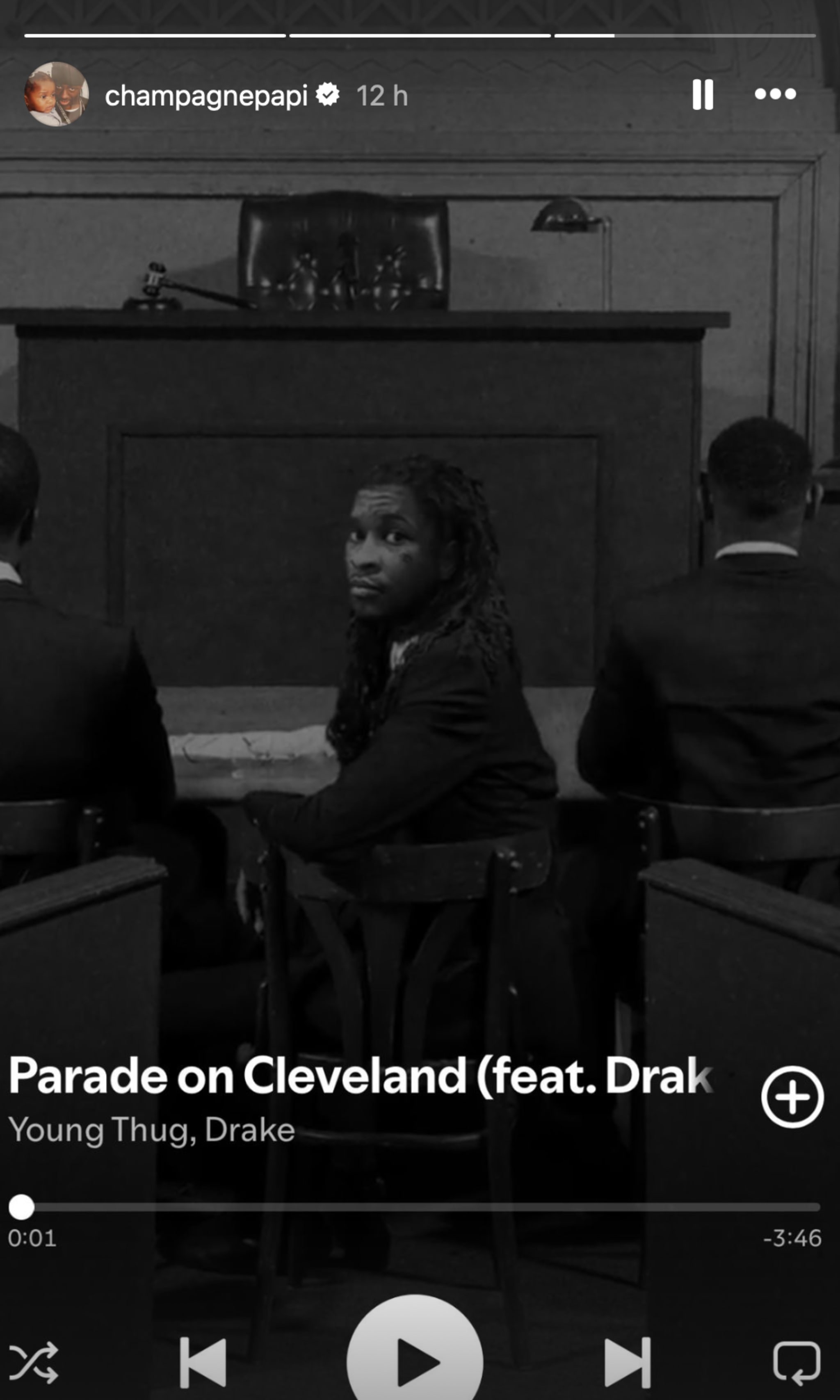 Drake shares a screenshot of himself listening to one of his Young Thug collaborations on his Instagram Stories.