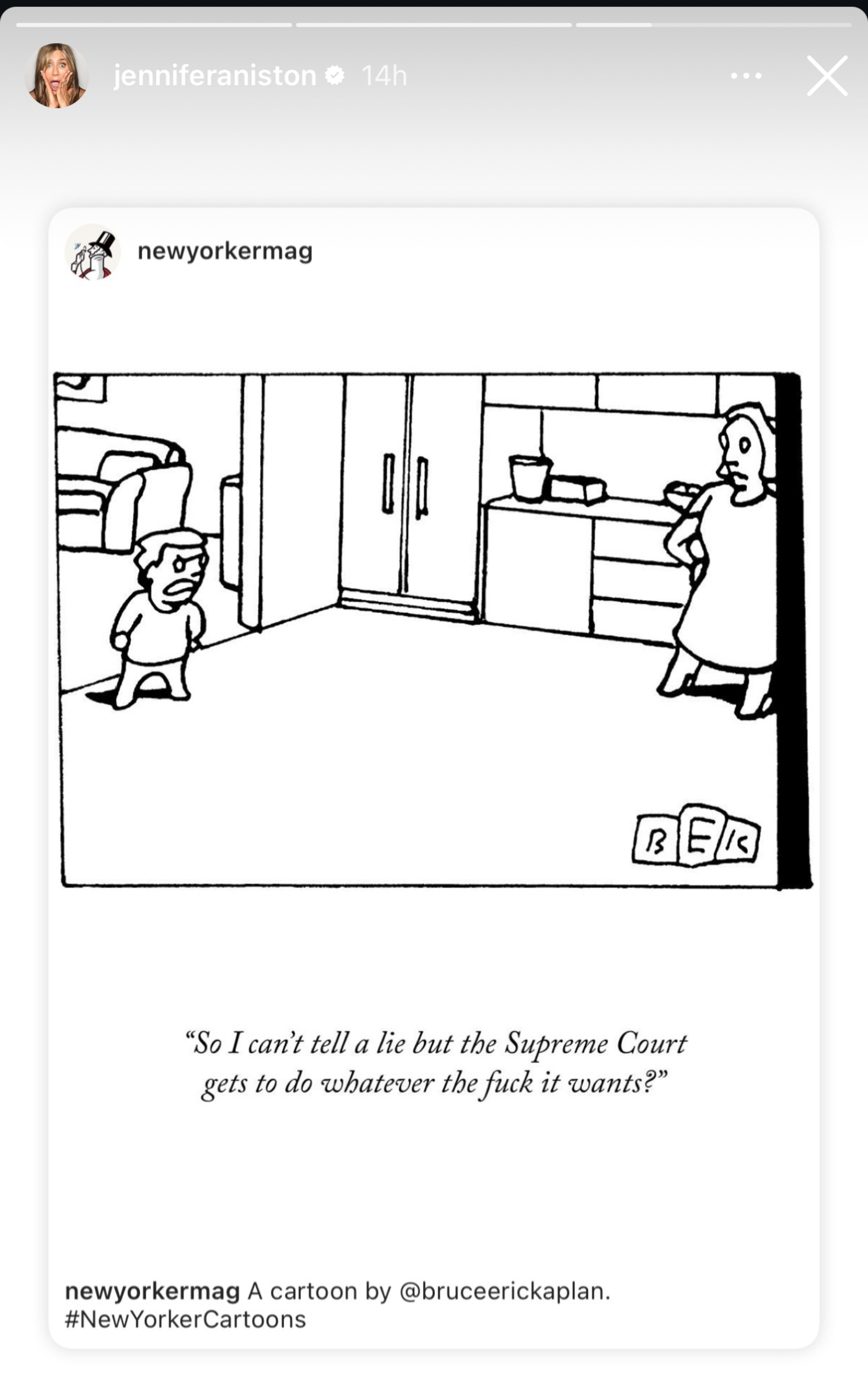 A cartoon by Bruce Eric Kaplan from The New Yorker features a child saying to an adult, "So I can't tell a lie but the Supreme Court gets to do whatever the fuck it wants?"