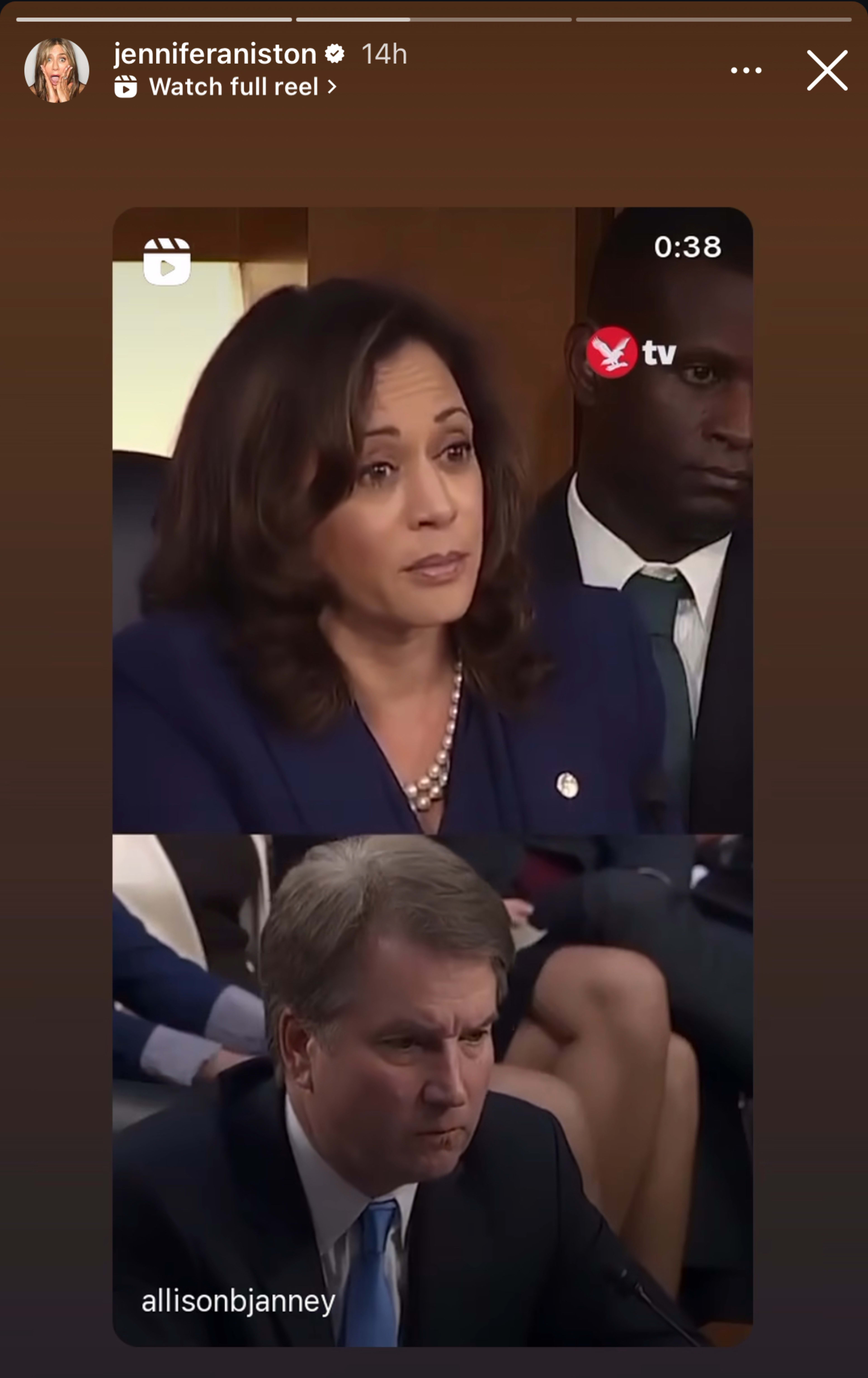 Kamala Harris questions Brett Kavanaugh during a hearing. Screenshot shared by Jennifer Aniston on social media, with a caption crediting Allison Janney