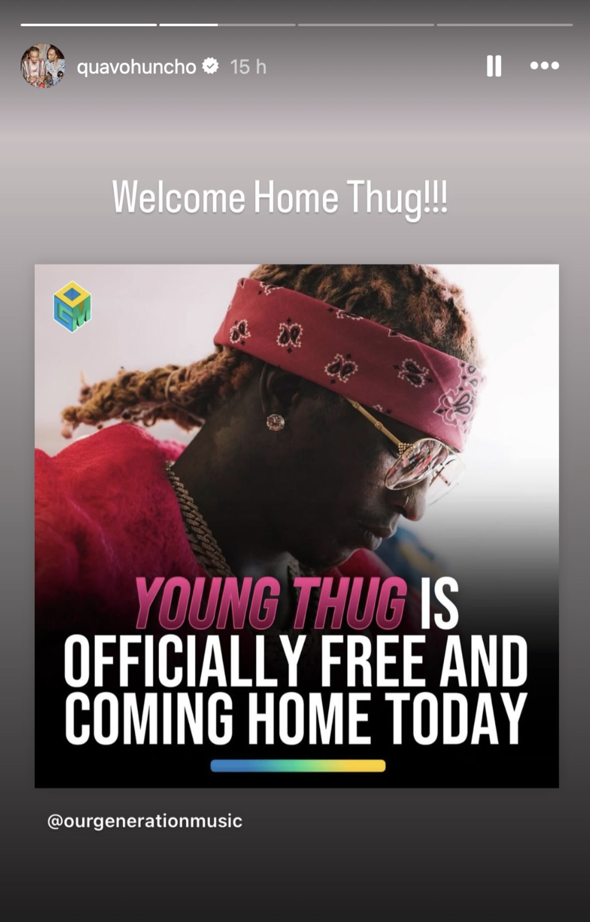 Quavo celebrates Young Thug's freedom on Instagram.