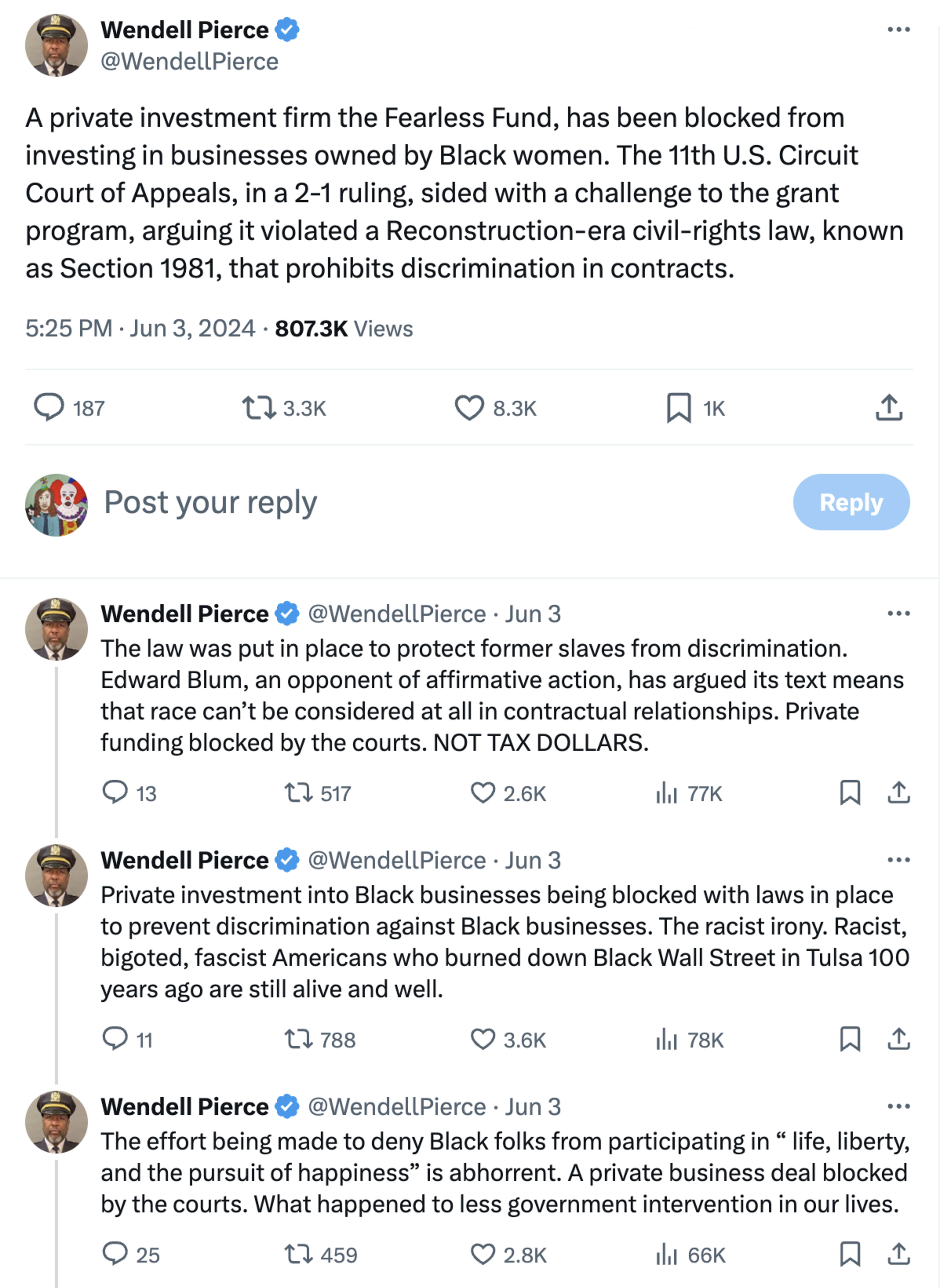 Wendell Pierce tweets about the Fearless Fund being blocked from investing in Black-owned businesses due to discrimination challenges in the 11th U.S. Circuit Court of Appeals