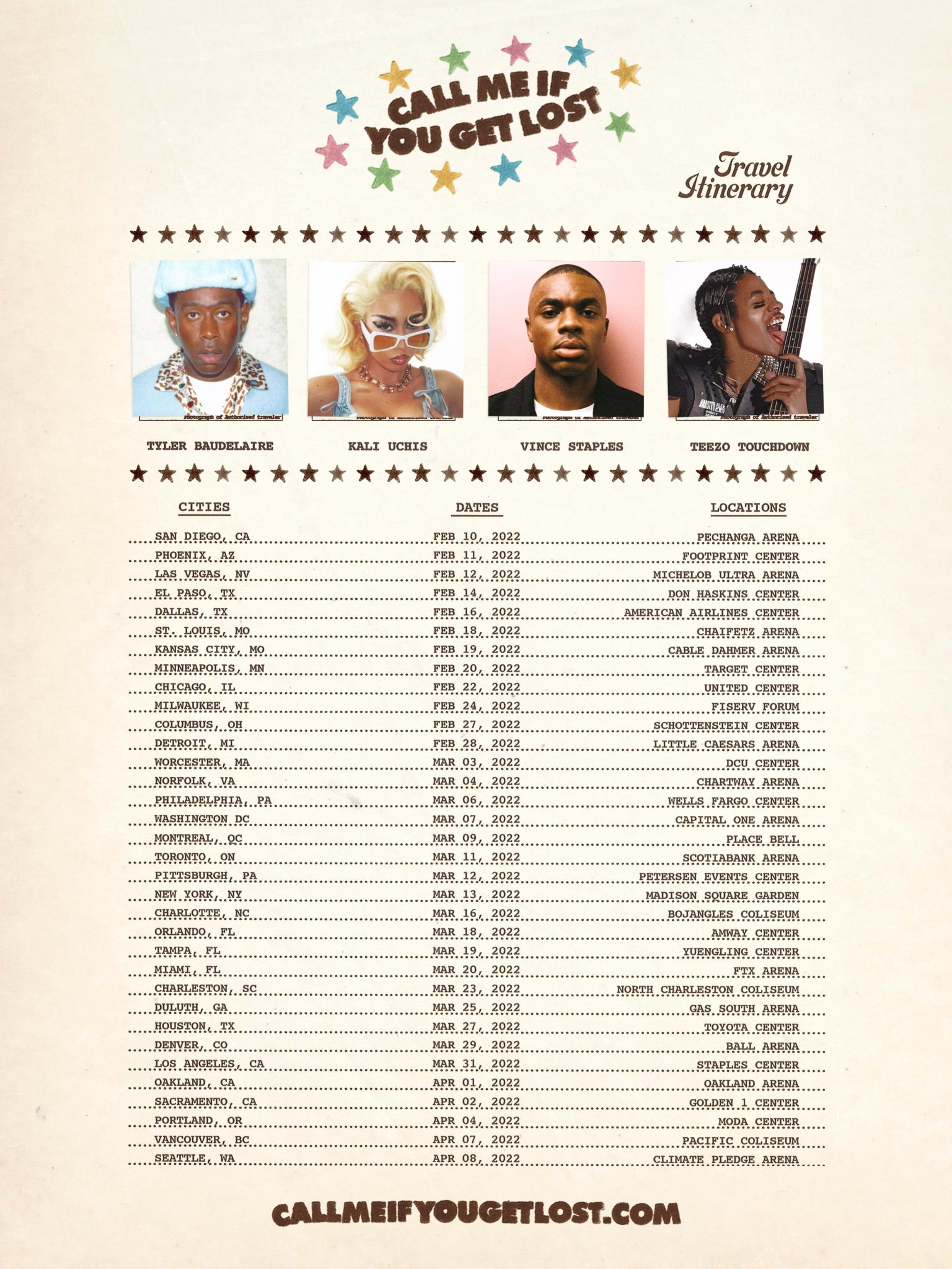 Tyler, the Creator's tour flyer for his upcoming run is shown