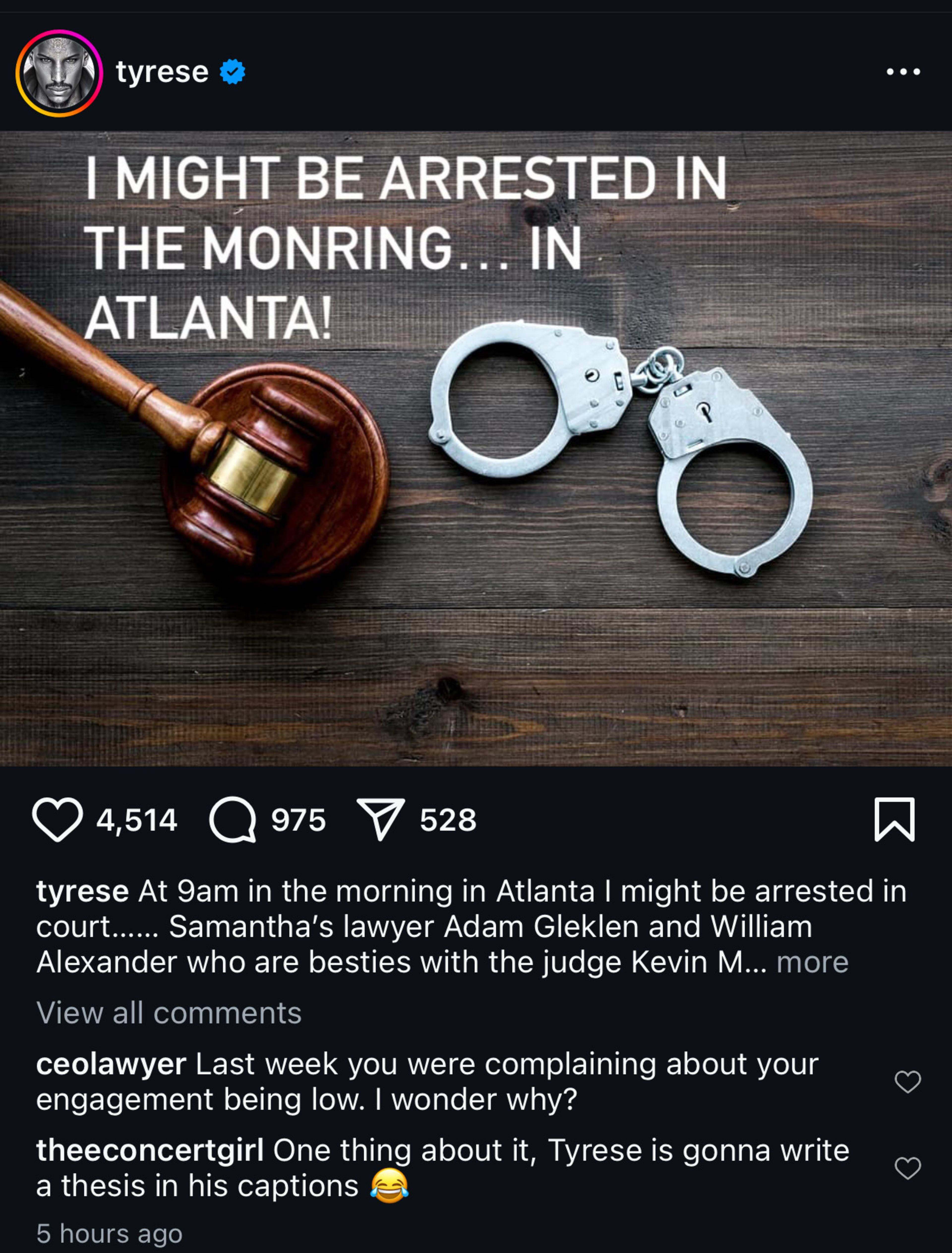 Screenshot of a post from Tyrese on Instagram