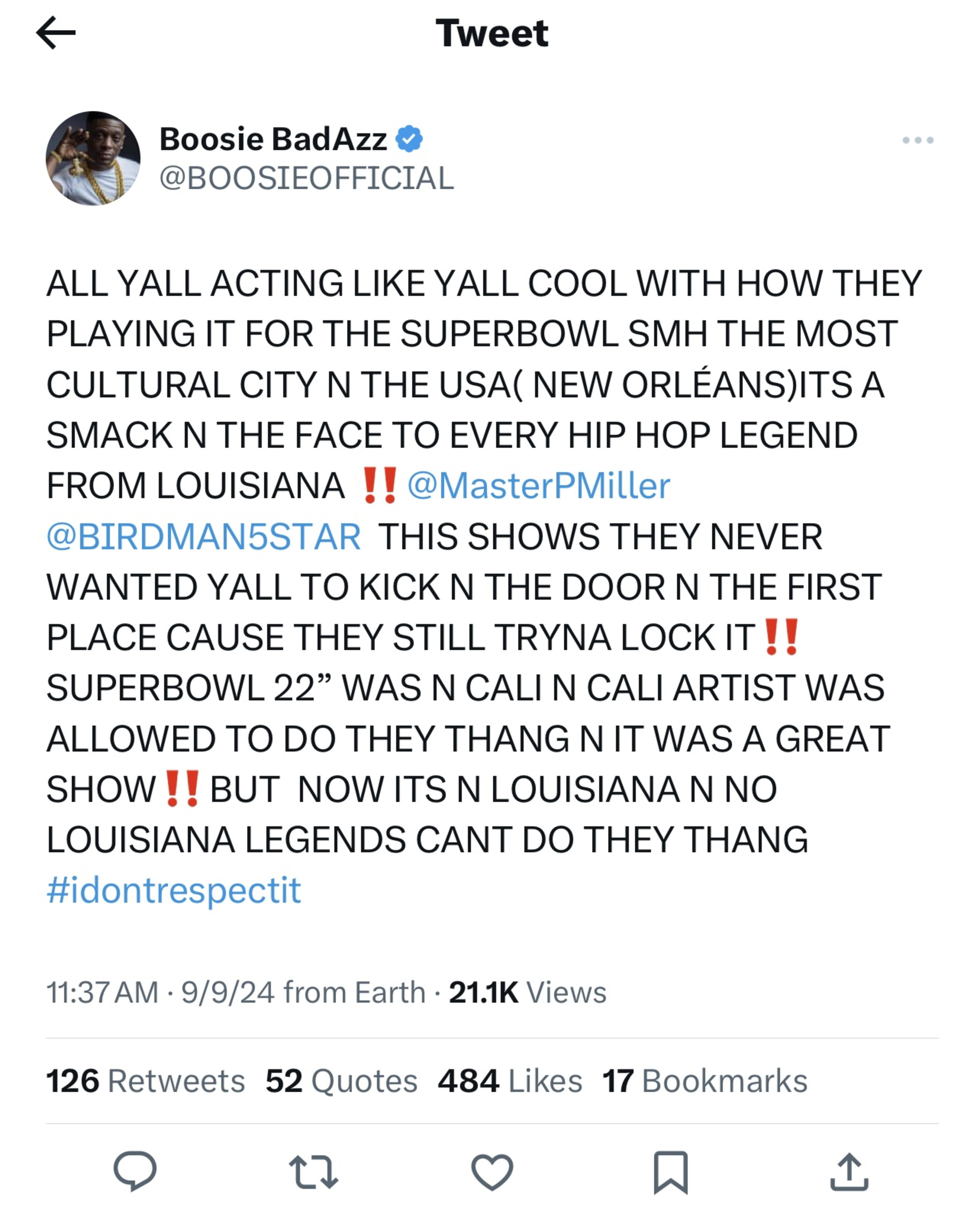 A tweet from rapper Boosie Badazz.