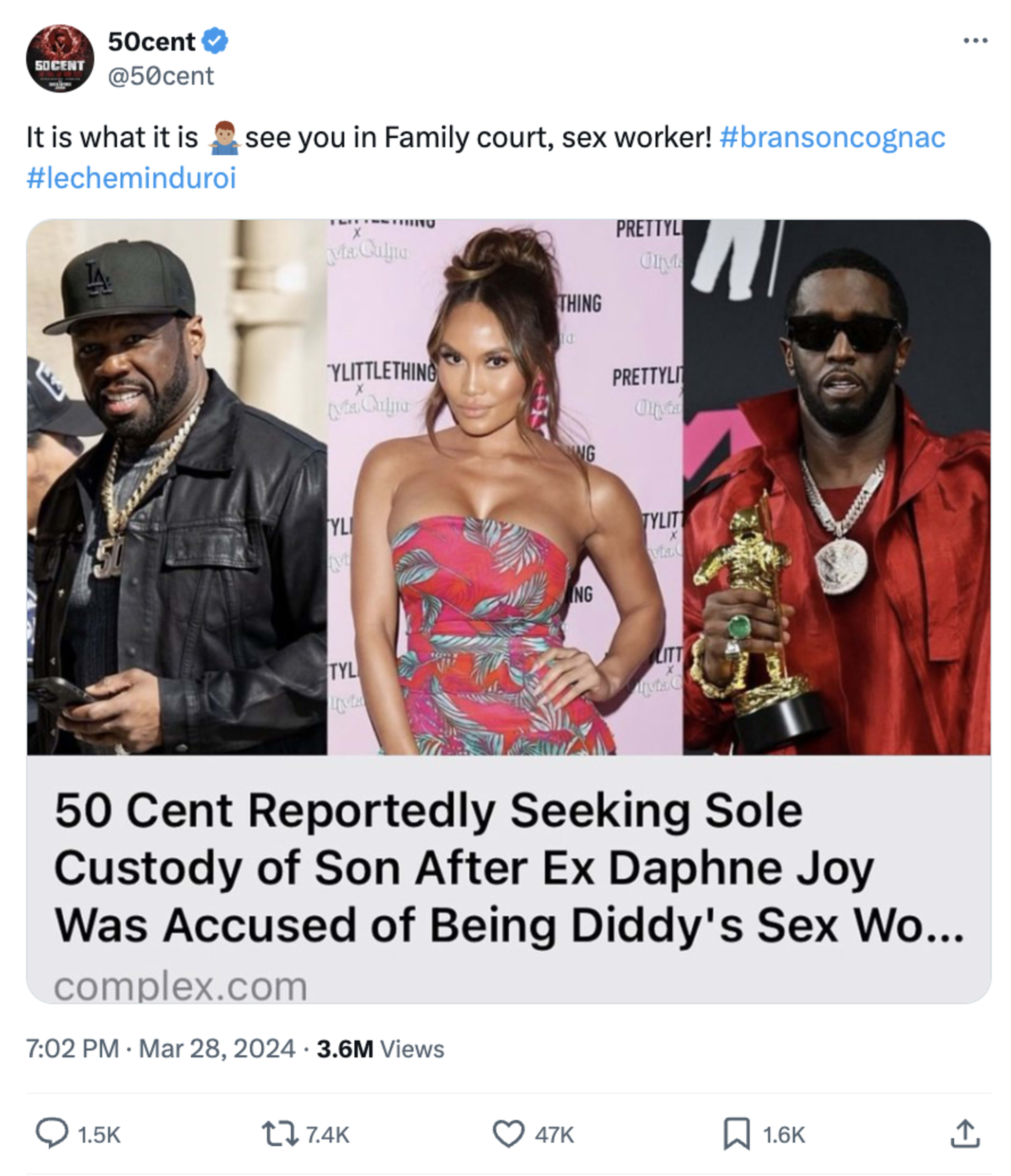 50 Cent, a woman, and Diddy pose; 50 Cent in hat and jacket, woman in floral dress, Diddy holding a trophy