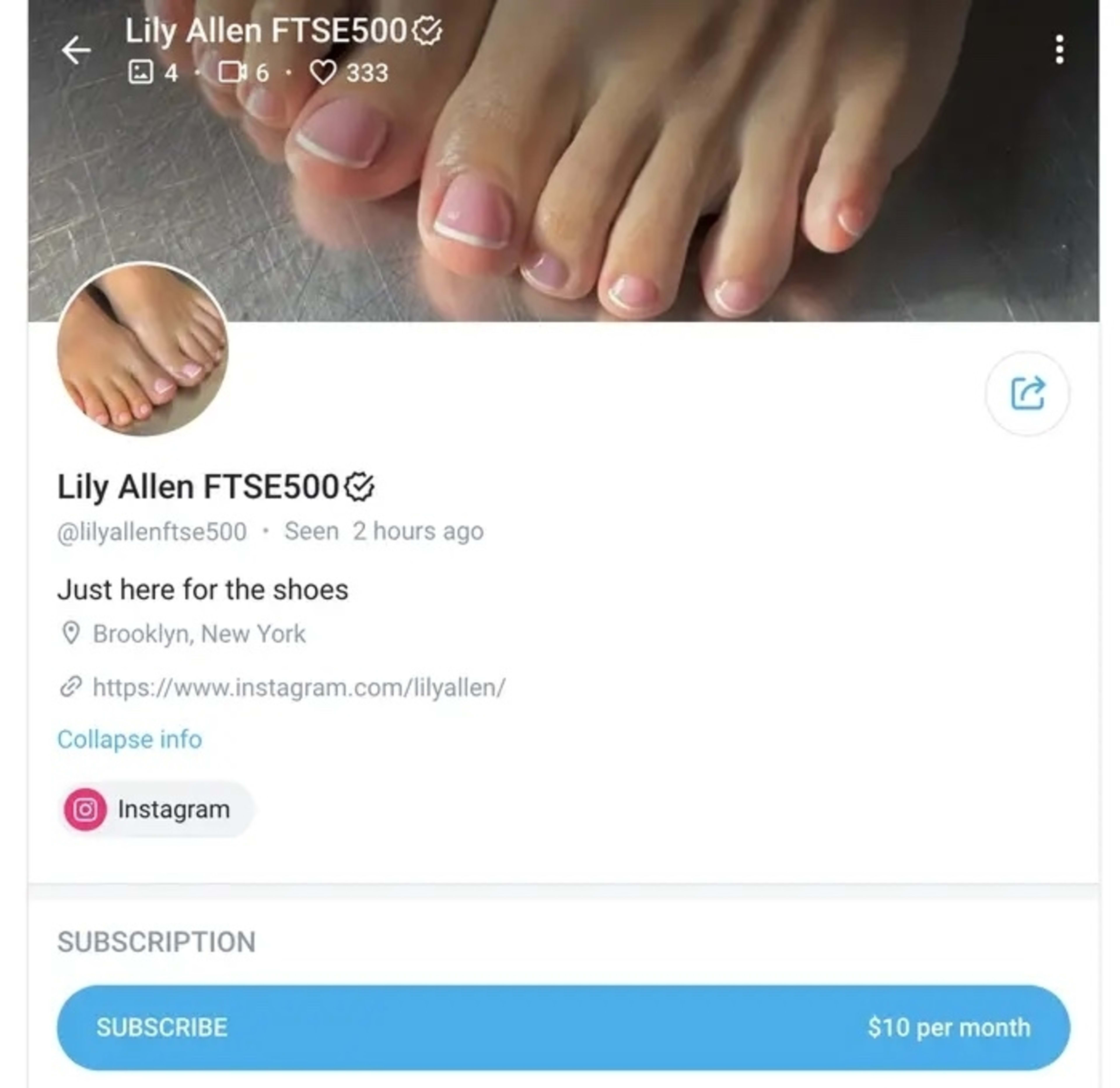 Lily Allen FTSE500 profile page on Instagram. The profile highlights Lily's feet and indicates that they are in Brooklyn, New York. Monthly subscription: $10
