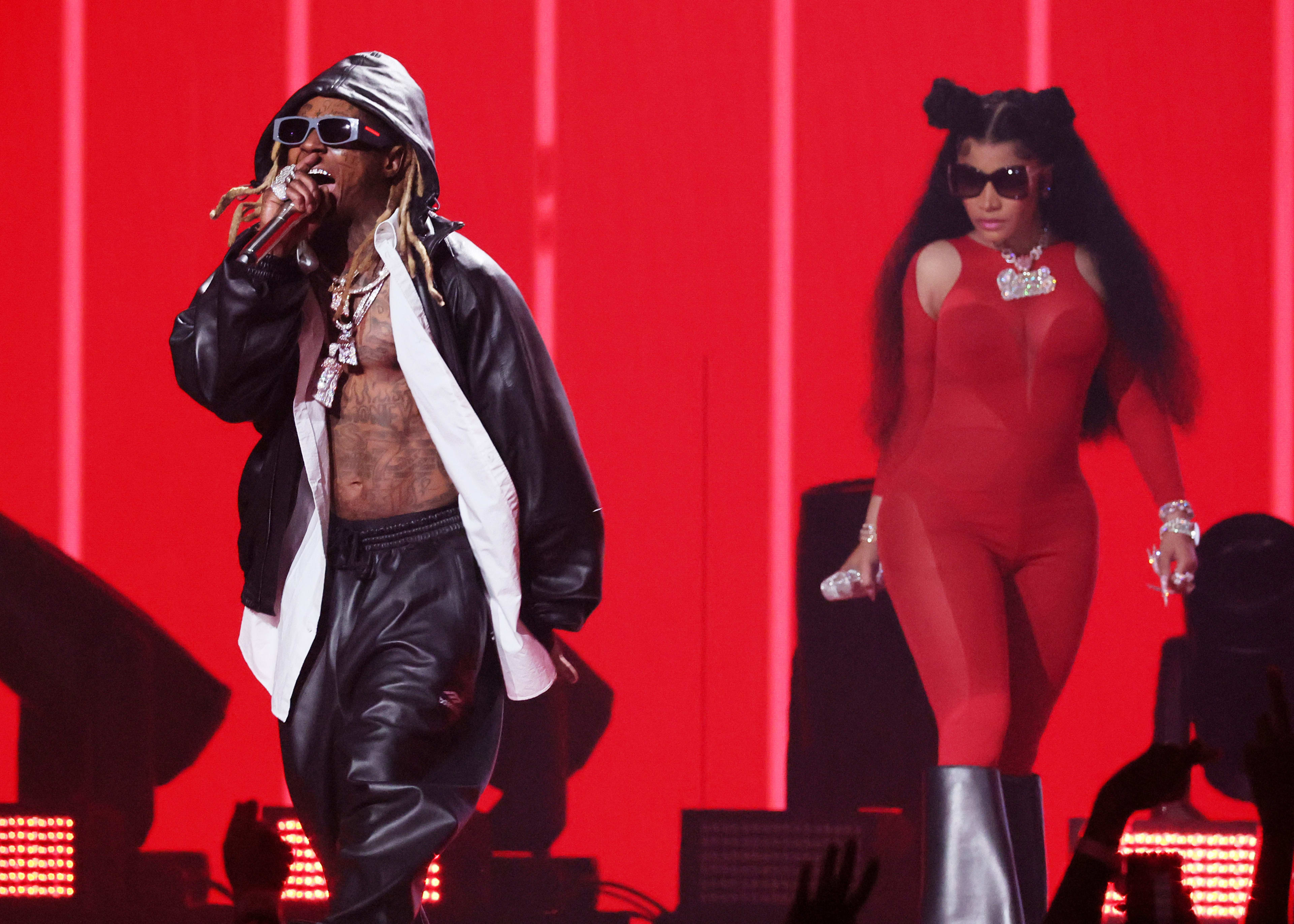 NEWARK, NEW JERSEY - SEPTEMBER 12: (L-R) Lil Wayne and Nicki Minaj perform onstage at the 2023 MTV Video Music Awards on September 12, 2023 in Newark, New Jersey.