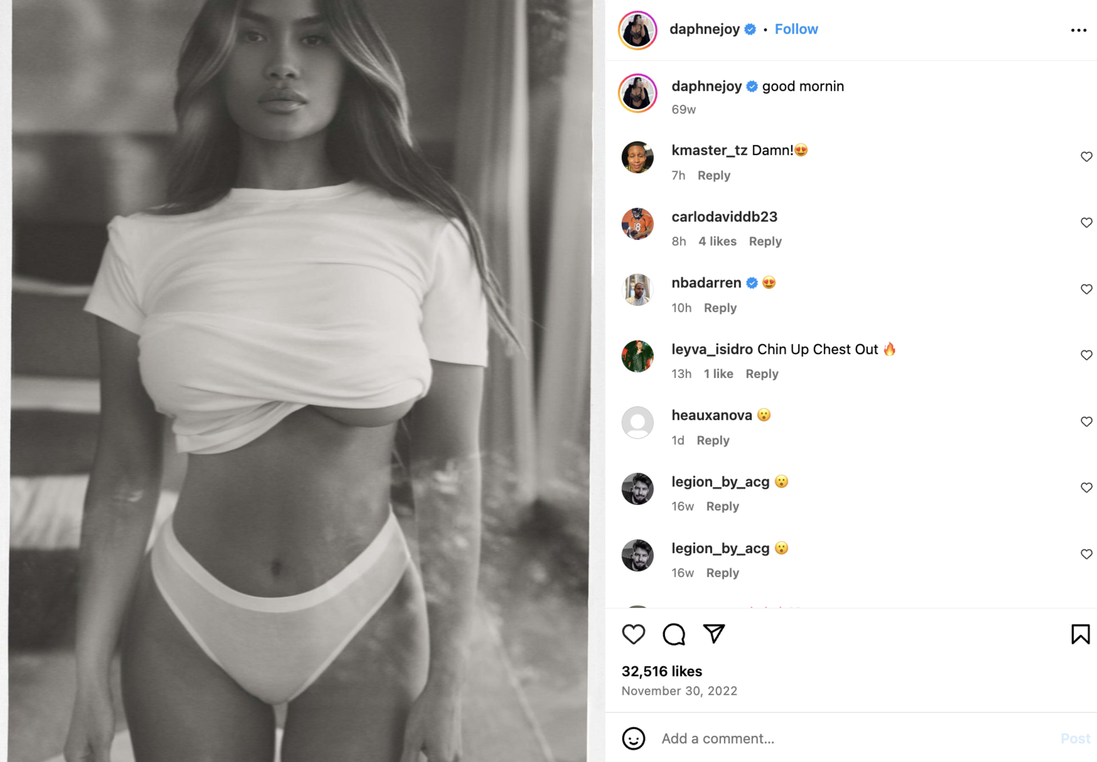 Woman in a casual white T-shirt and underwear poses for a monochrome photo