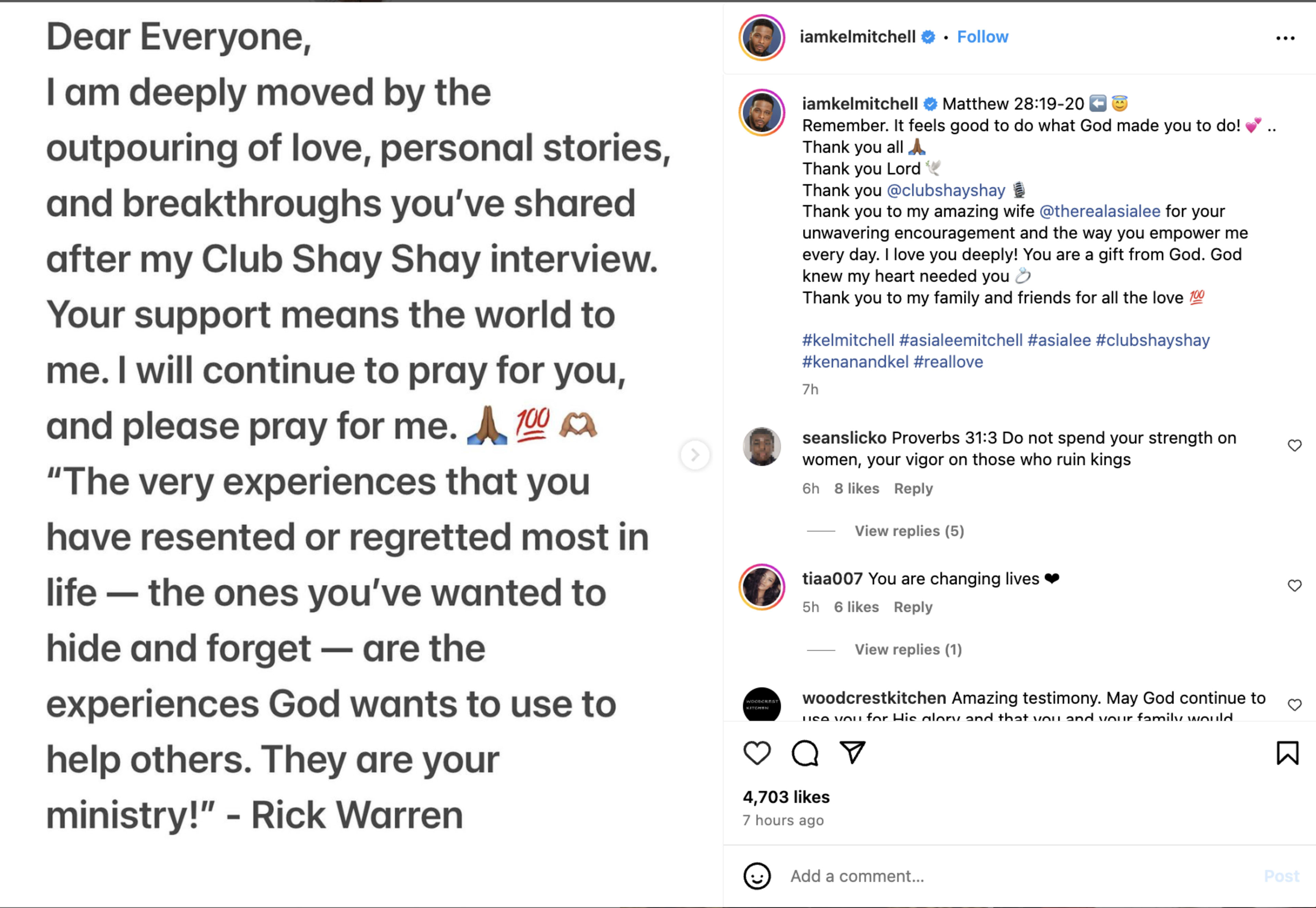 A heartfelt message expressing gratitude for support after an interview, quoting Rick Warren about God using life experiences. Comments include encouraging words. Instagram post by @iamlekimichelle