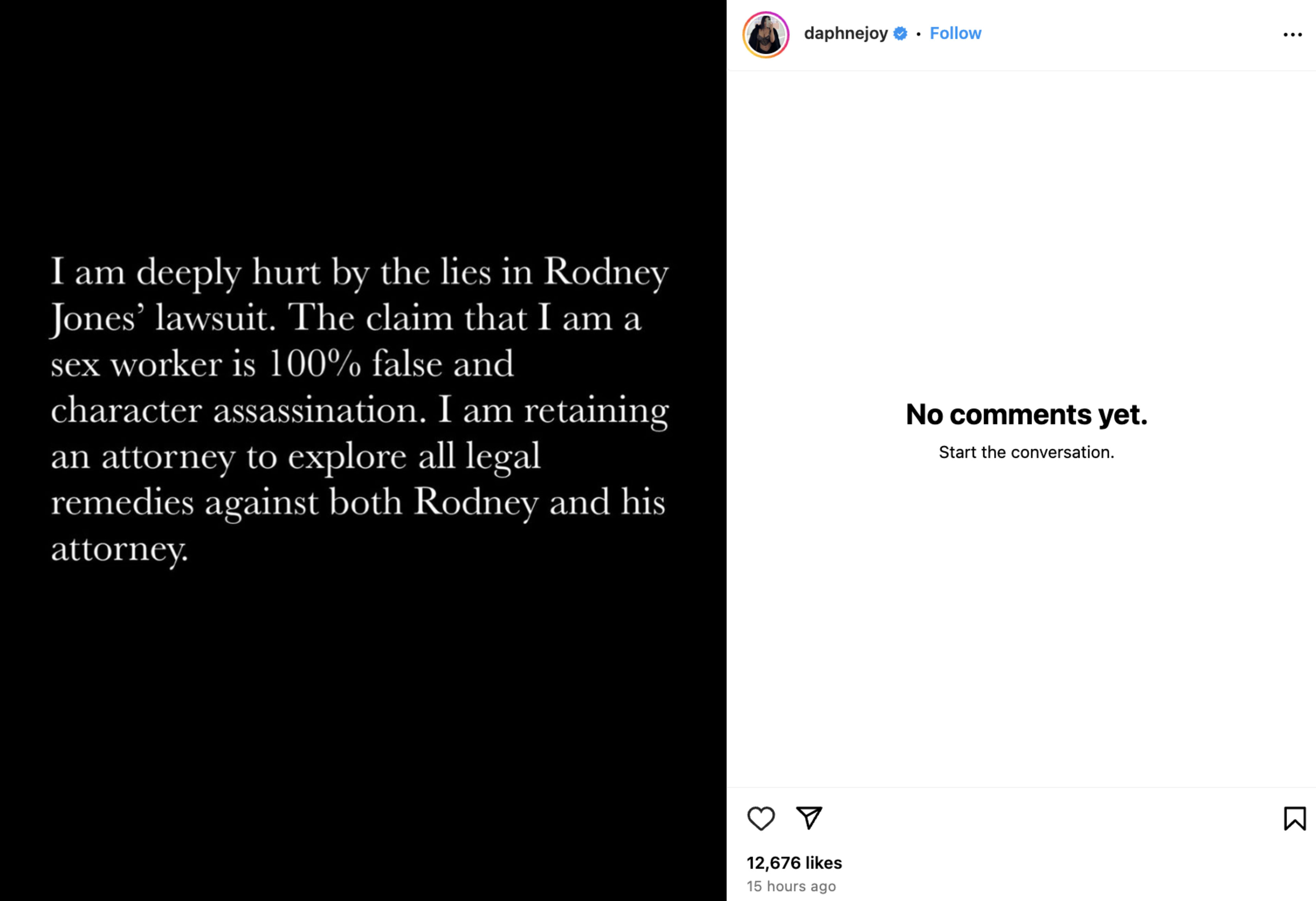 Text statement denying false claims, expressing emotional pain, and intent to take legal action; posted on social media
