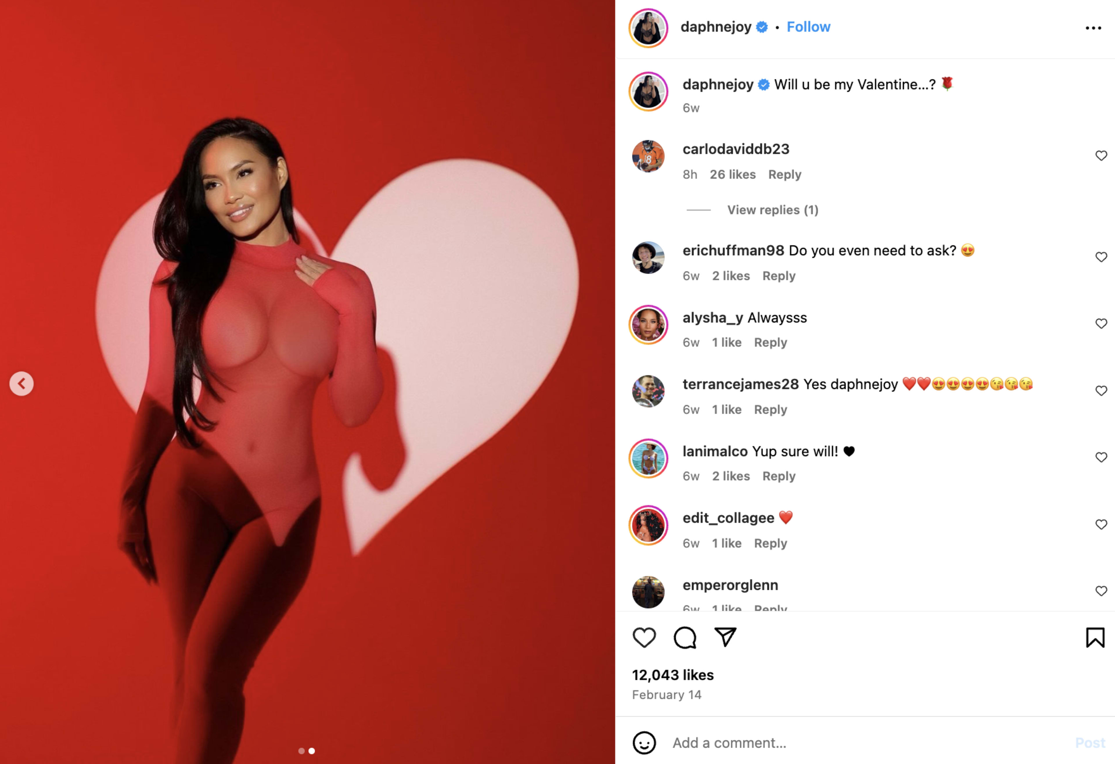 Woman in fitted red dress posing with a heart-shaped background, social media interface visible