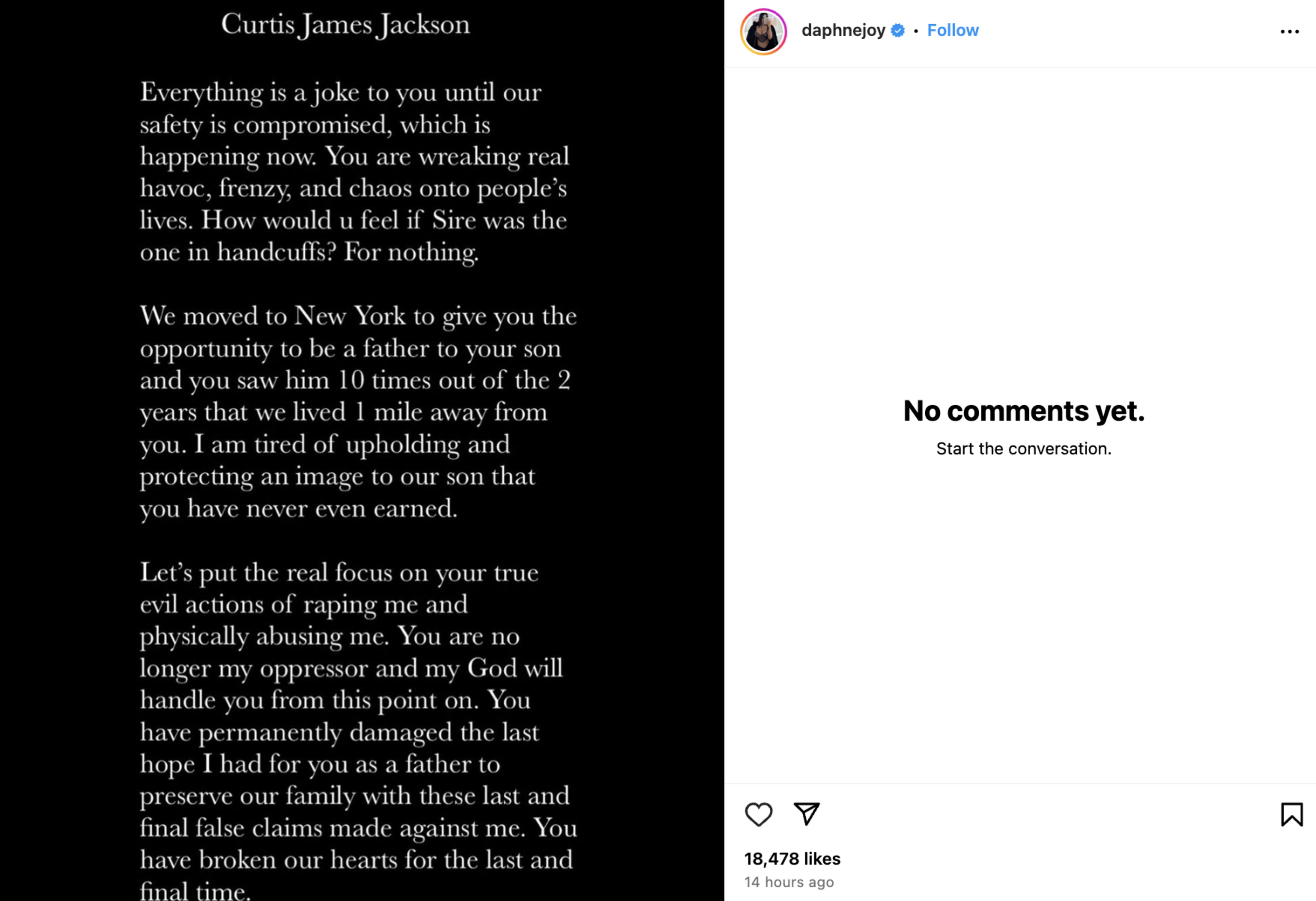 Text from a social media post expressing personal fear and calling out a person for harmful actions