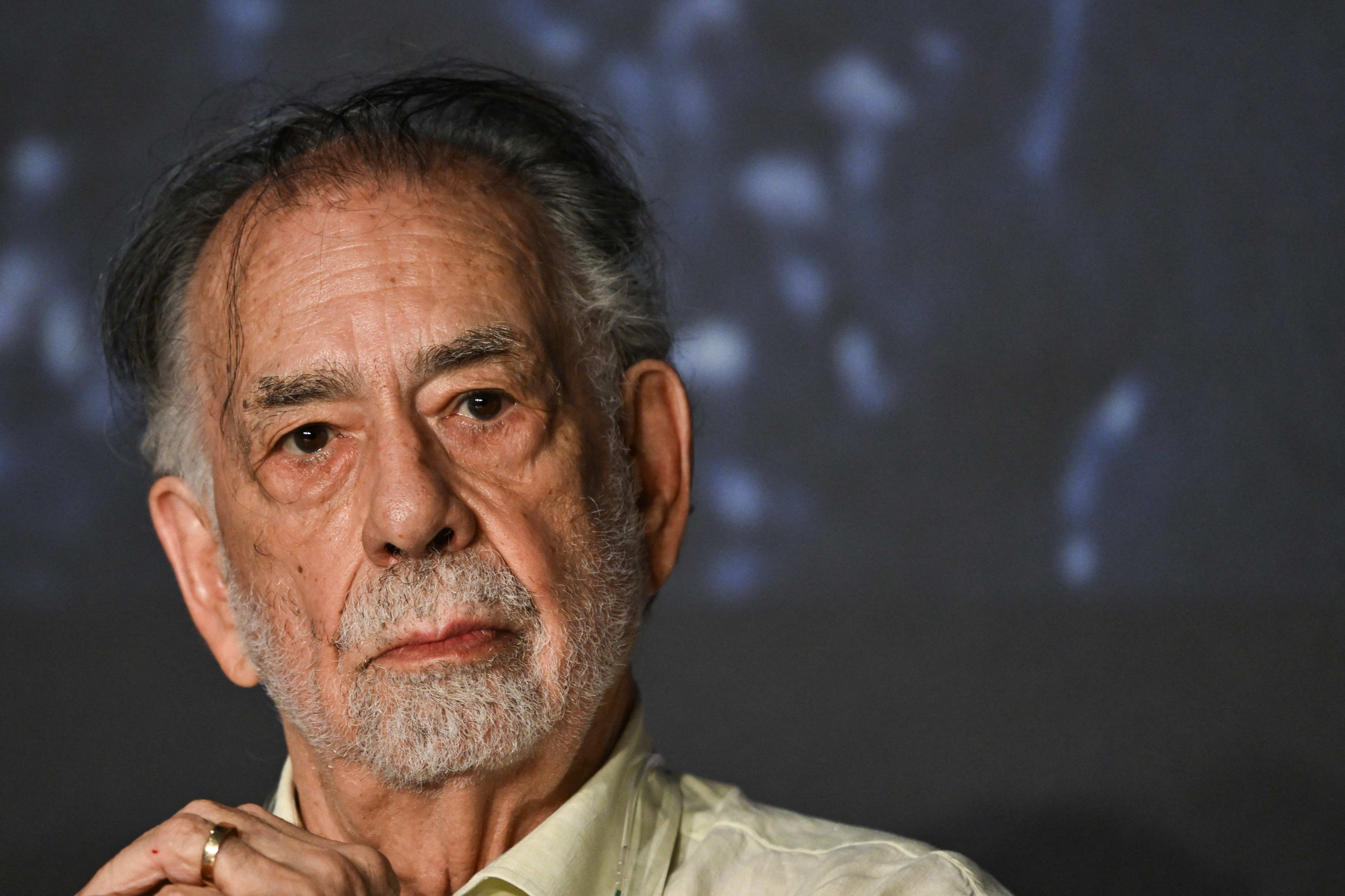 Francis Ford Coppola looks on as he gives a press conference for the film "Megalopolis" during the 77th edition of the Cannes Film Festival in Cannes, southern France, on May 17, 2024