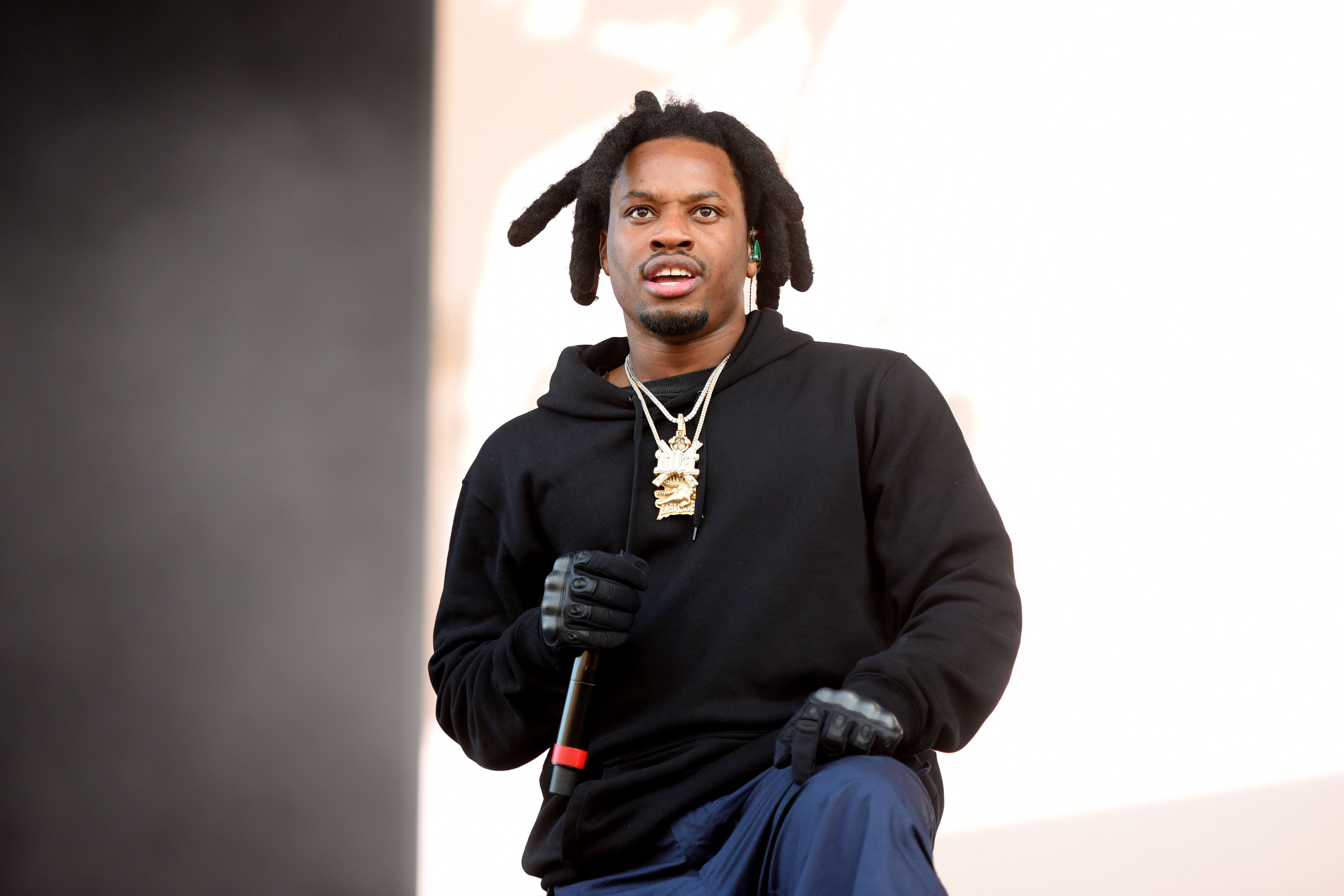 Denzel Curry performs on the Chevron Stage during day two of Leeds Festival 2024 at Bramham Park on August 24, 2024 in Leeds, England.