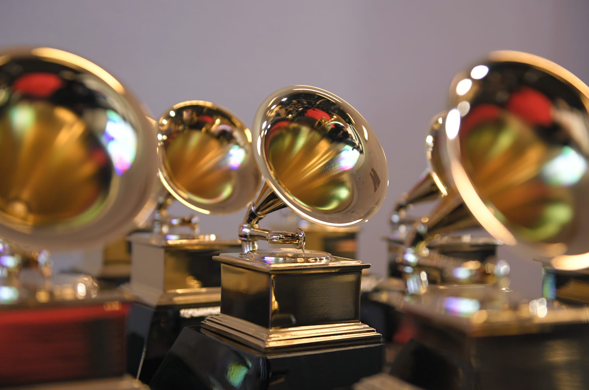 LAS VEGAS, NEVADA - APRIL 03: Grammy trophies sit in the press room during the 64th Annual GRAMMY Awards at MGM Grand Garden Arena on April 03, 2022 in Las Vegas, Nevada.