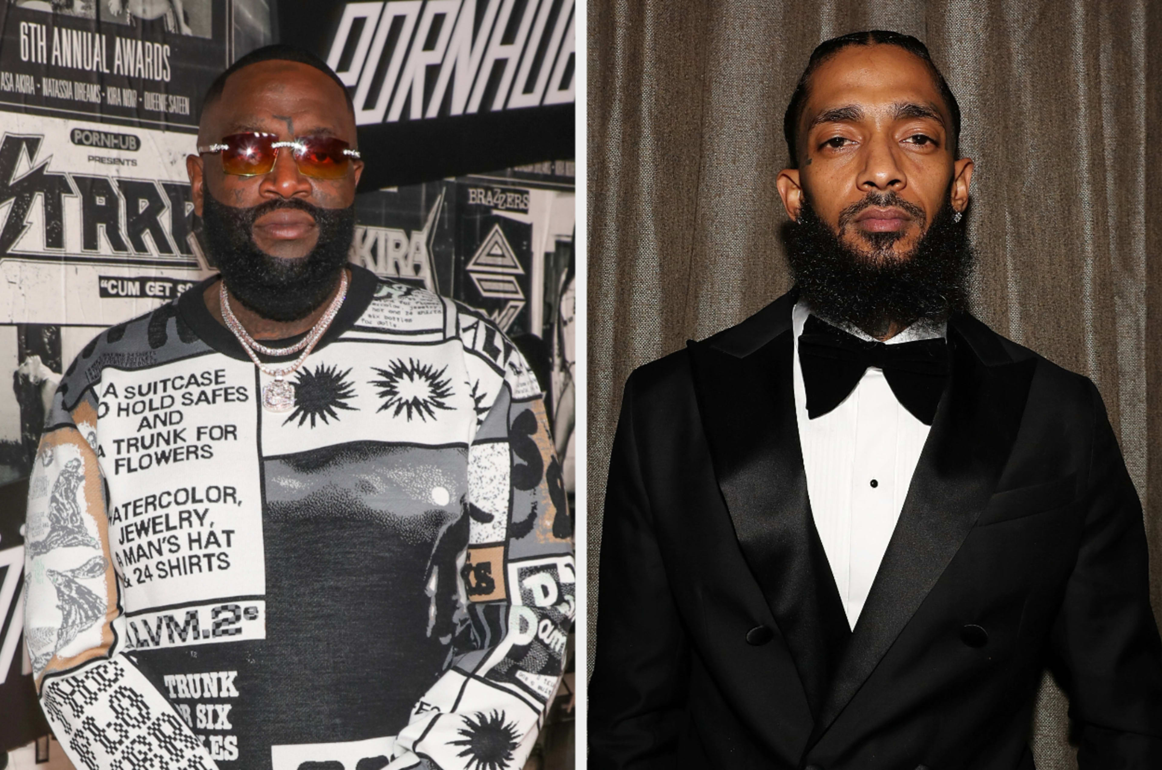 Rick Ross attends the 6th Annual Pornhub Awards at Whisky a Go Go on March 28, 2024 in West Hollywood, California/Nipsey Hussle attends Nipsey Hussle Grammy Celebration at The Peppermint Club on February 8, 2019 in Los Angeles, California