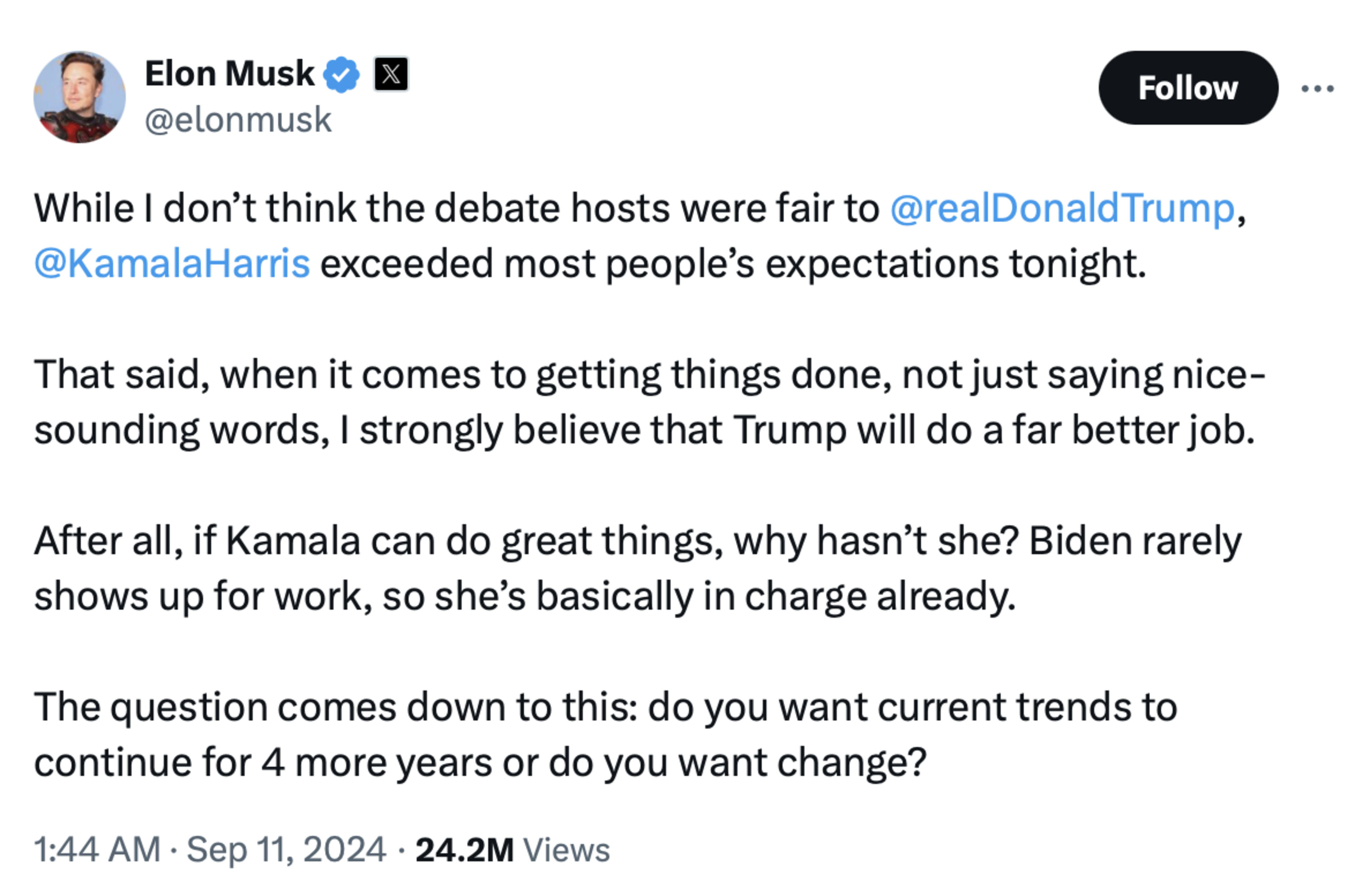 A tweet from Elon Musk about the debate.