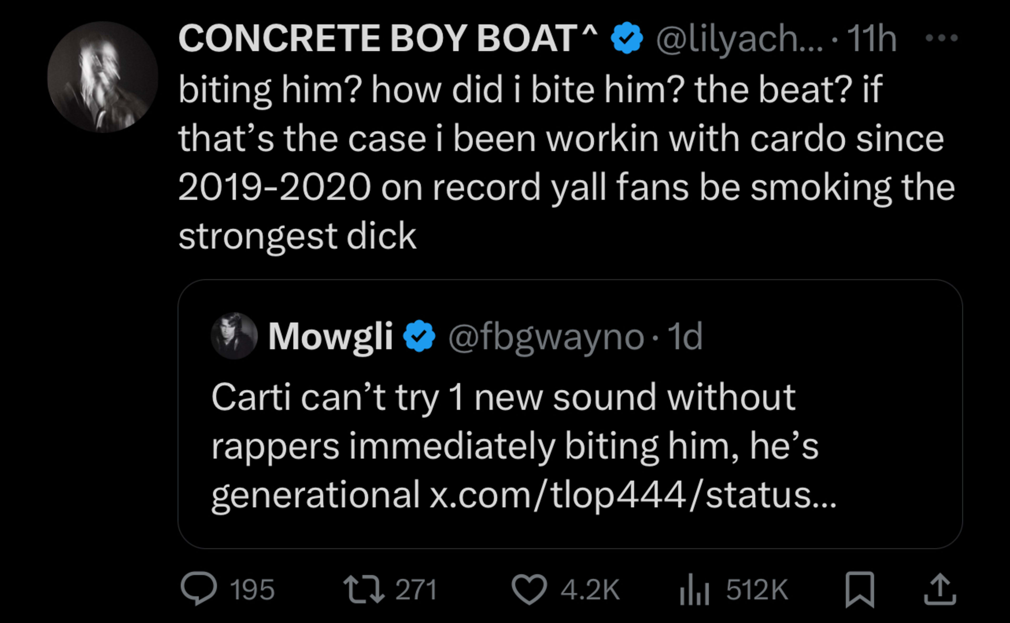 A screenshot of a Twitter exchange between users discussing a rapper's collaboration and music evolution