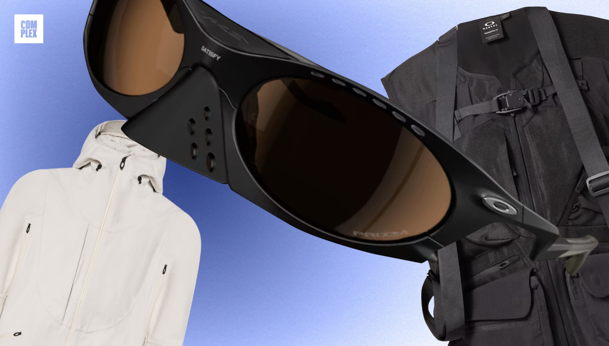 A collage featuring black Oakley sunglasses, a white hooded jacket, and a black tactical vest on a blue gradient background.