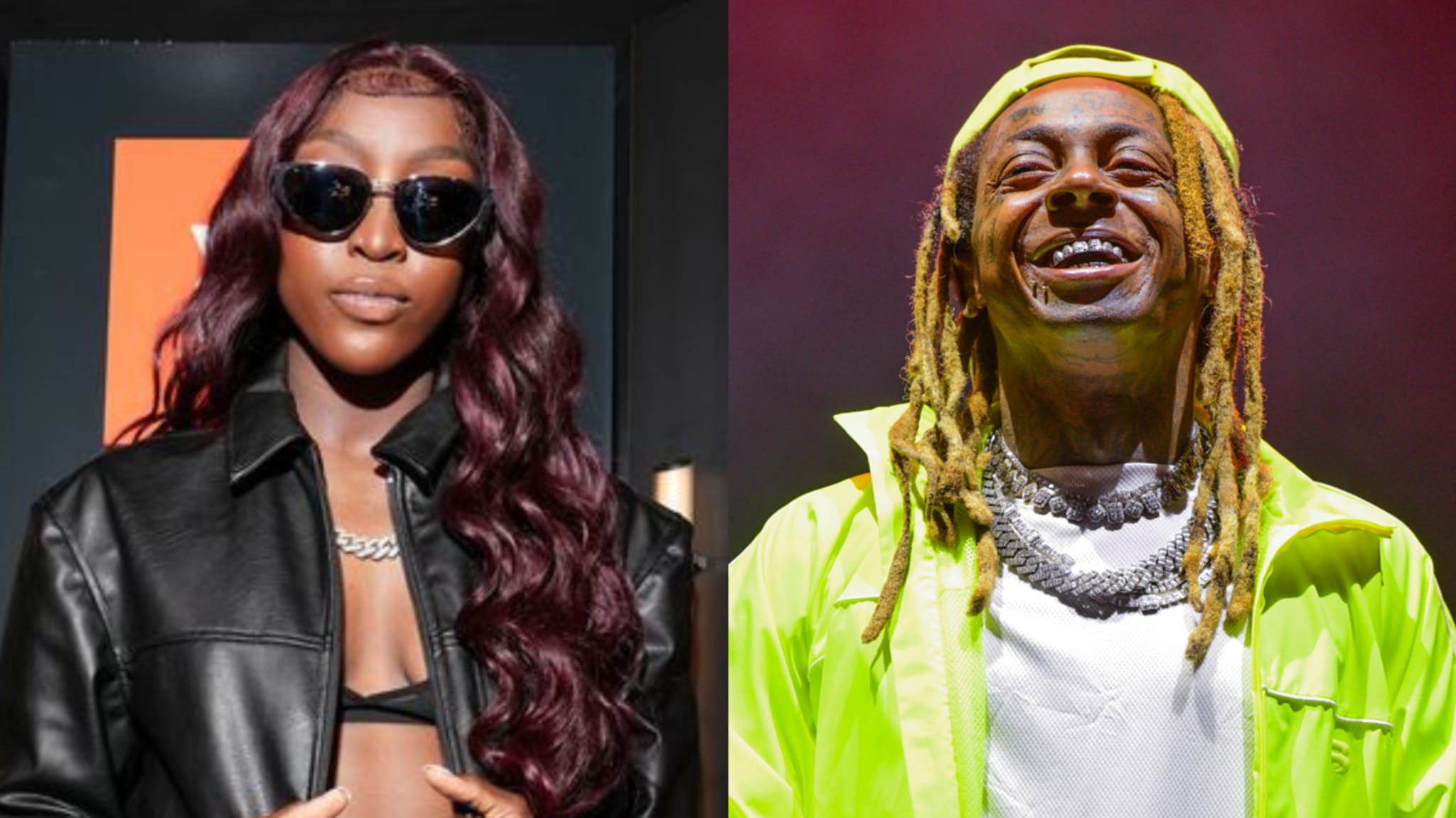 Tiwa Savage in a black leather jacket and sunglasses, alongside Lil Wayne wearing a bright yellow jacket and jewelry on stage