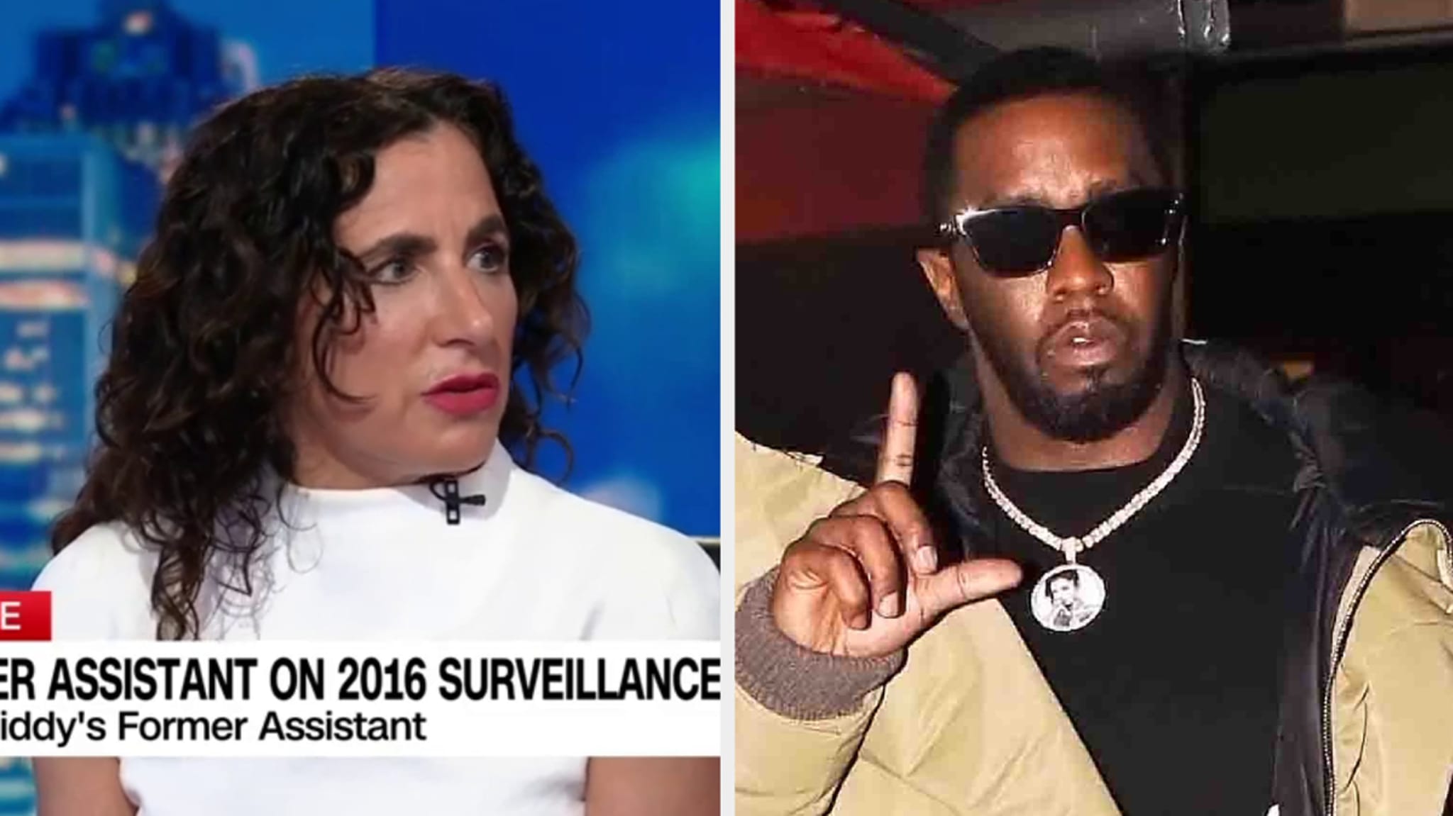Image split in two: Left panel shows Diddy’s former assistant on CNN, right panel shows Diddy wearing sunglasses and a necklace, holding up one hand