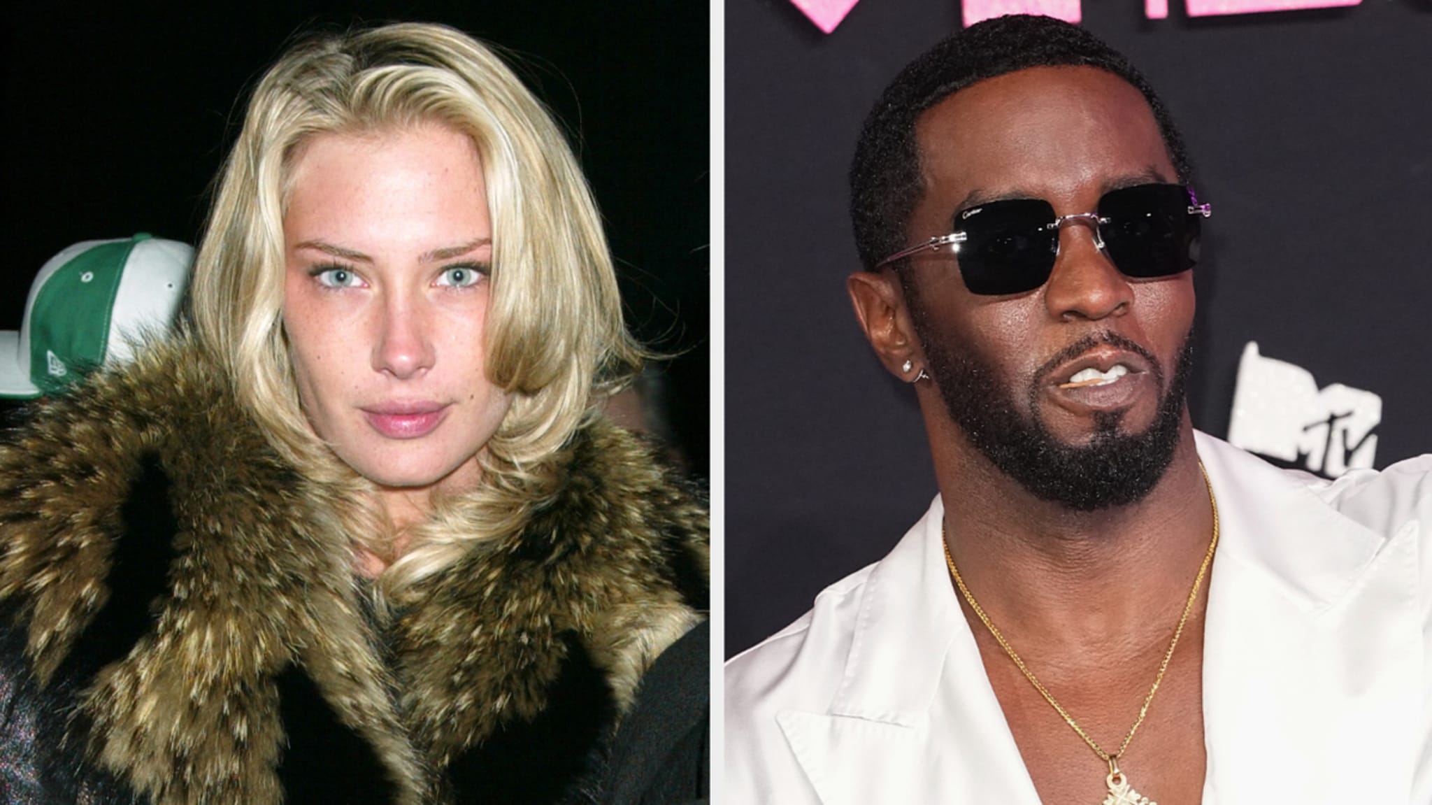 Left: Crystal McKinney in a fur-collared coat. Right: Sean "Diddy" Combs in a white suit with sunglasses at a music event