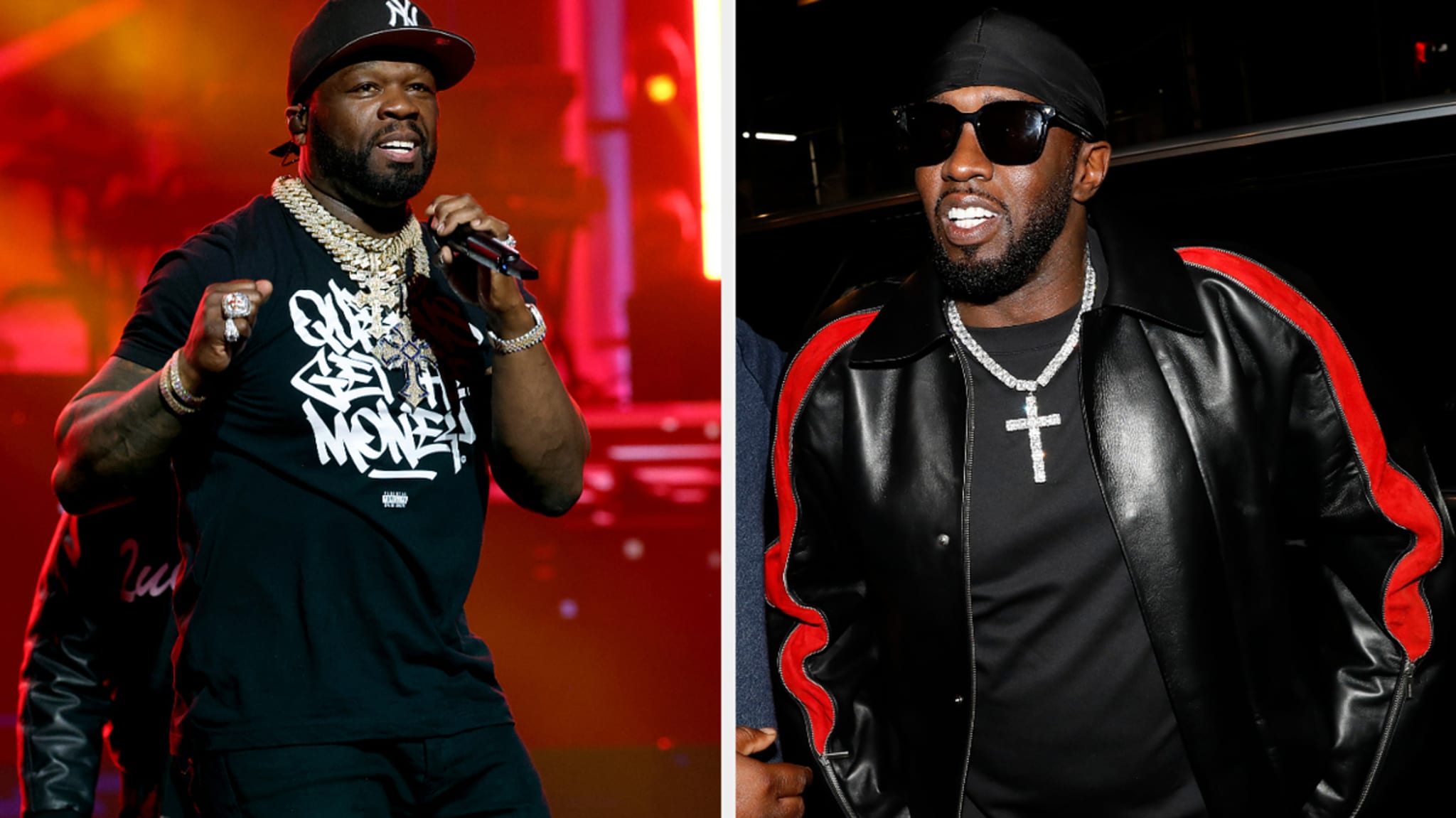 50 Cent performs on stage, wearing a black shirt and multiple gold chains. Diddy smiles, wearing a black leather jacket with red accents, a black shirt, and sunglasses