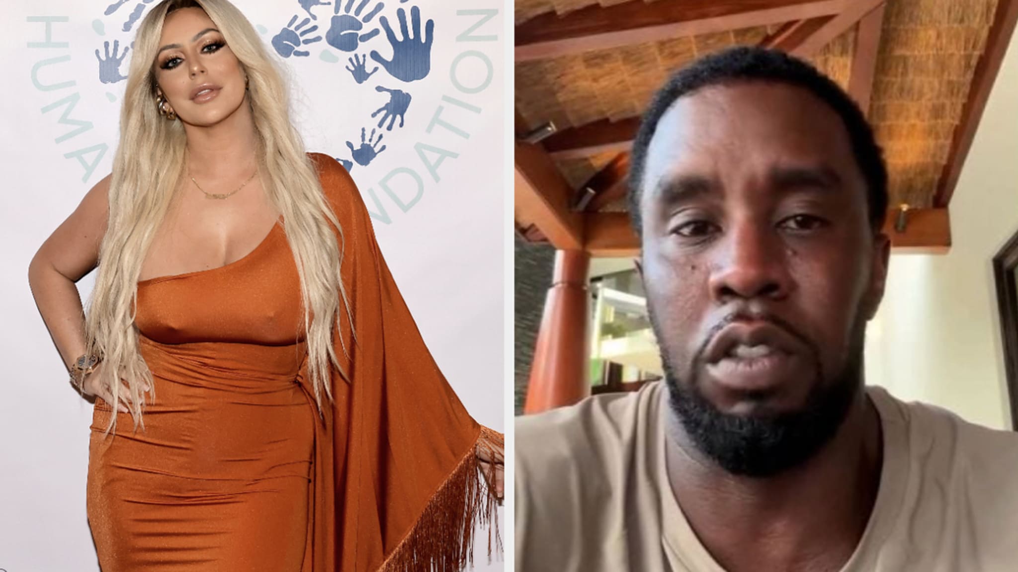 Aubrey O'Day in an elegant off-shoulder dress poses on the red carpet next to a close-up of Sean 'Diddy' Combs speaking