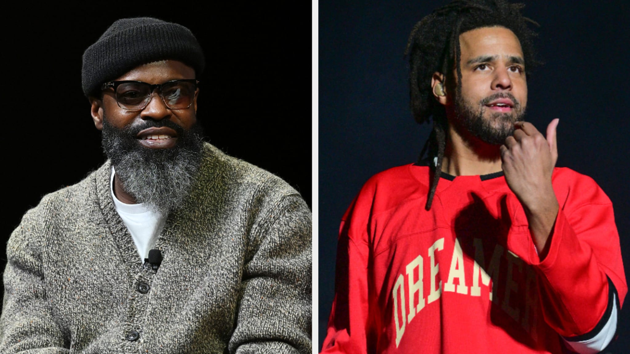 Two men in separate frames. Left: Man with beard in beanie and sweater. Right: Man with dreadlocks in sports jersey engaging with audience