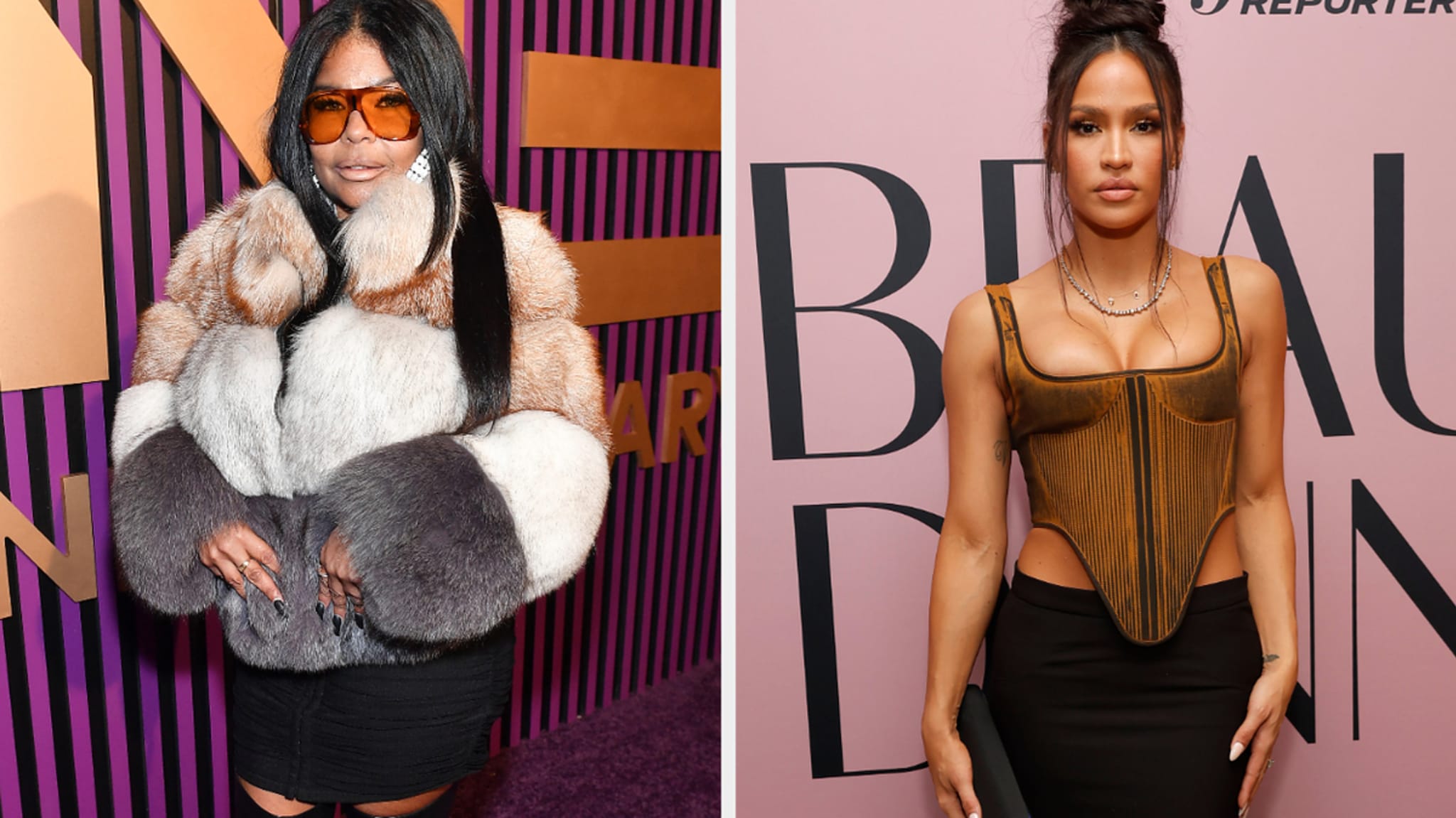 Not sure who they are. On the left, a woman in a fur coat and sunglasses. On the right, a woman in a modern brown bustier top and black skirt