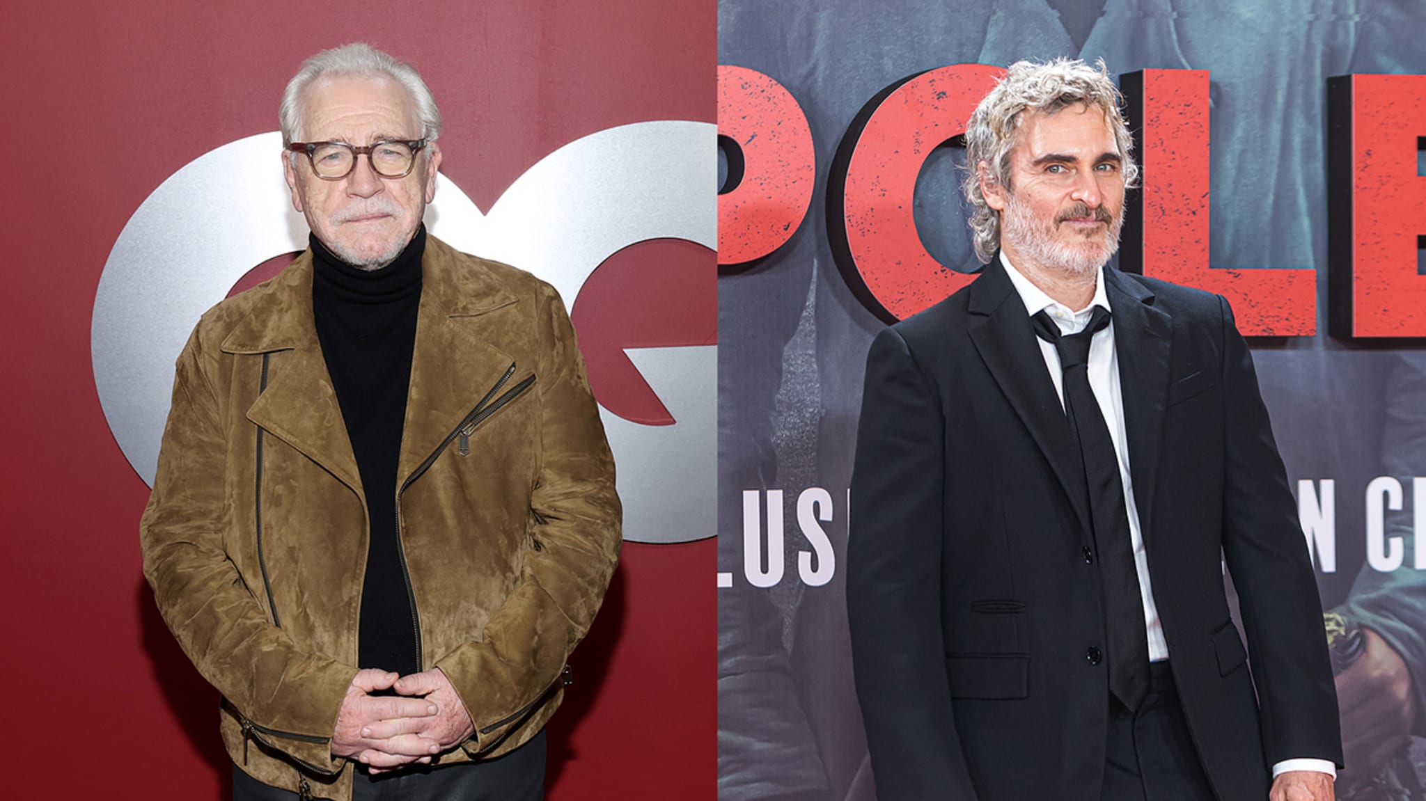 Two men at events; one in a suede jacket and glasses, the other in a suit with a distinctive beard style