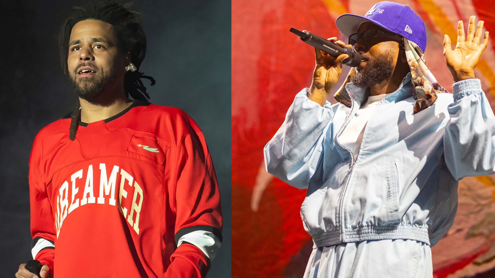 Two male musicians perform on stage, one in a red "DREAMER" jersey and the other in a light blue outfit with a cap