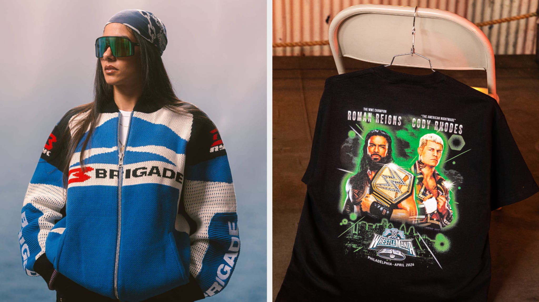 Person in sunglasses and a multicolored Brigade sweater. Beside it, a T-shirt with wrestlers Roman Reigns and Cody Rhodes