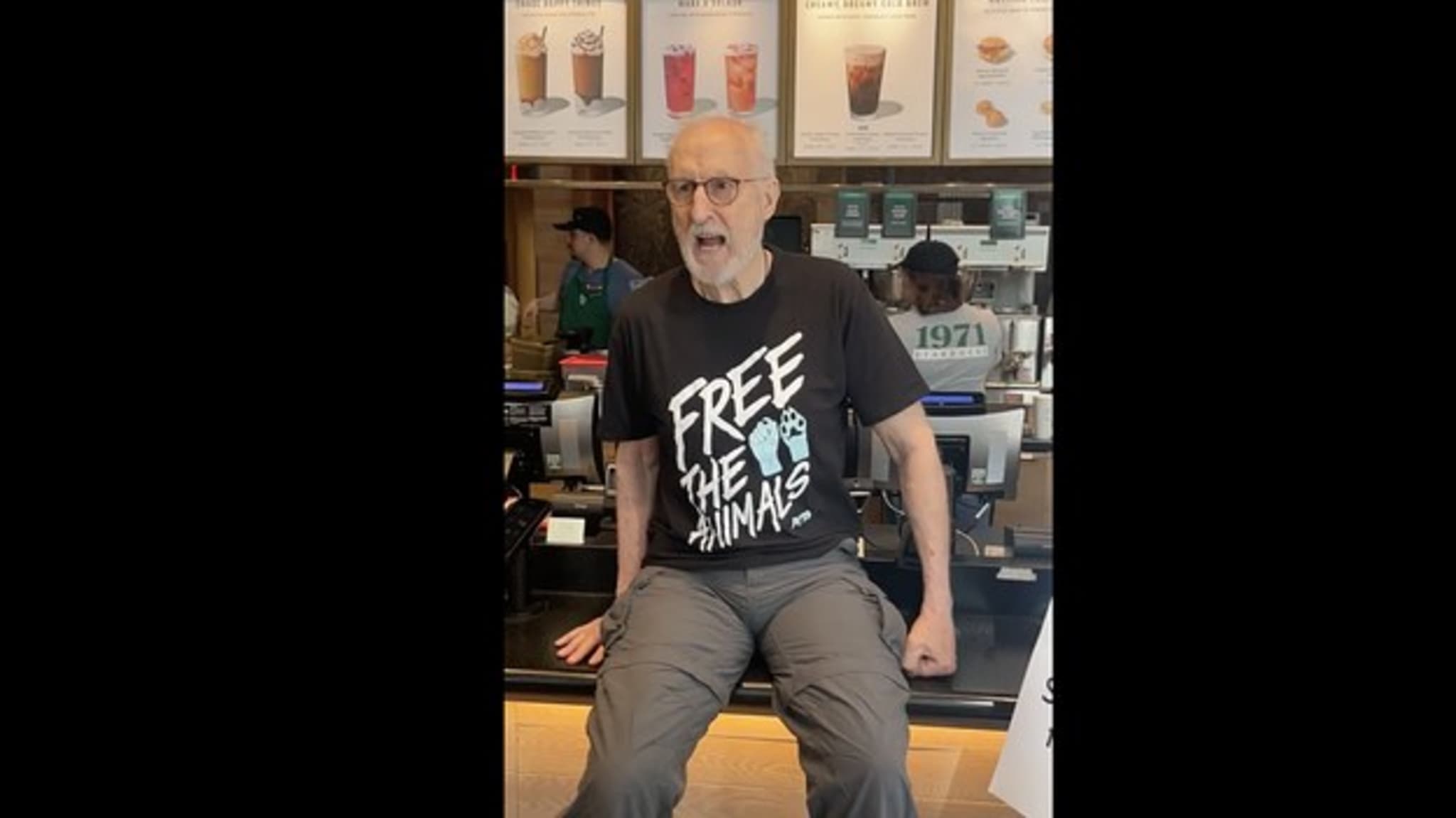 James Cromwell protesting in NYC Starbucks