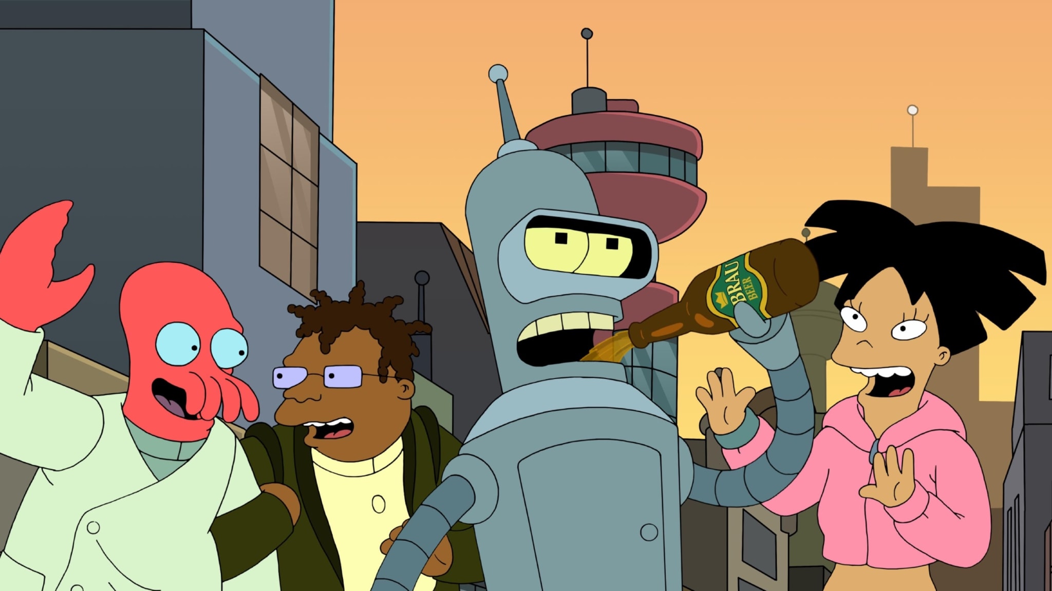 Zoeberg (left), Hermes (center left) and Amy (right) celebrate while Bender (center) drinks beer.