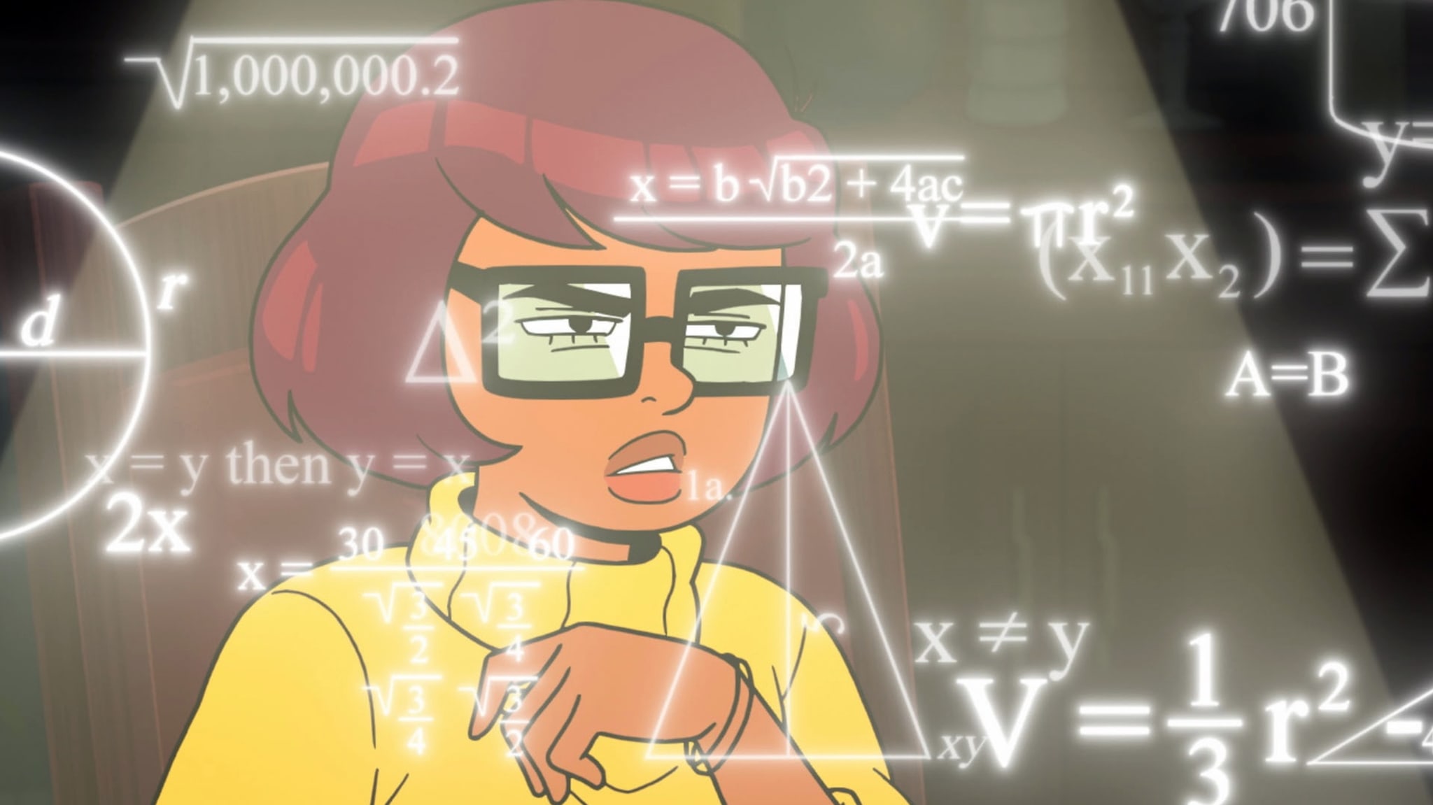 Velma from HBO's 2023 stares at a floating equation.