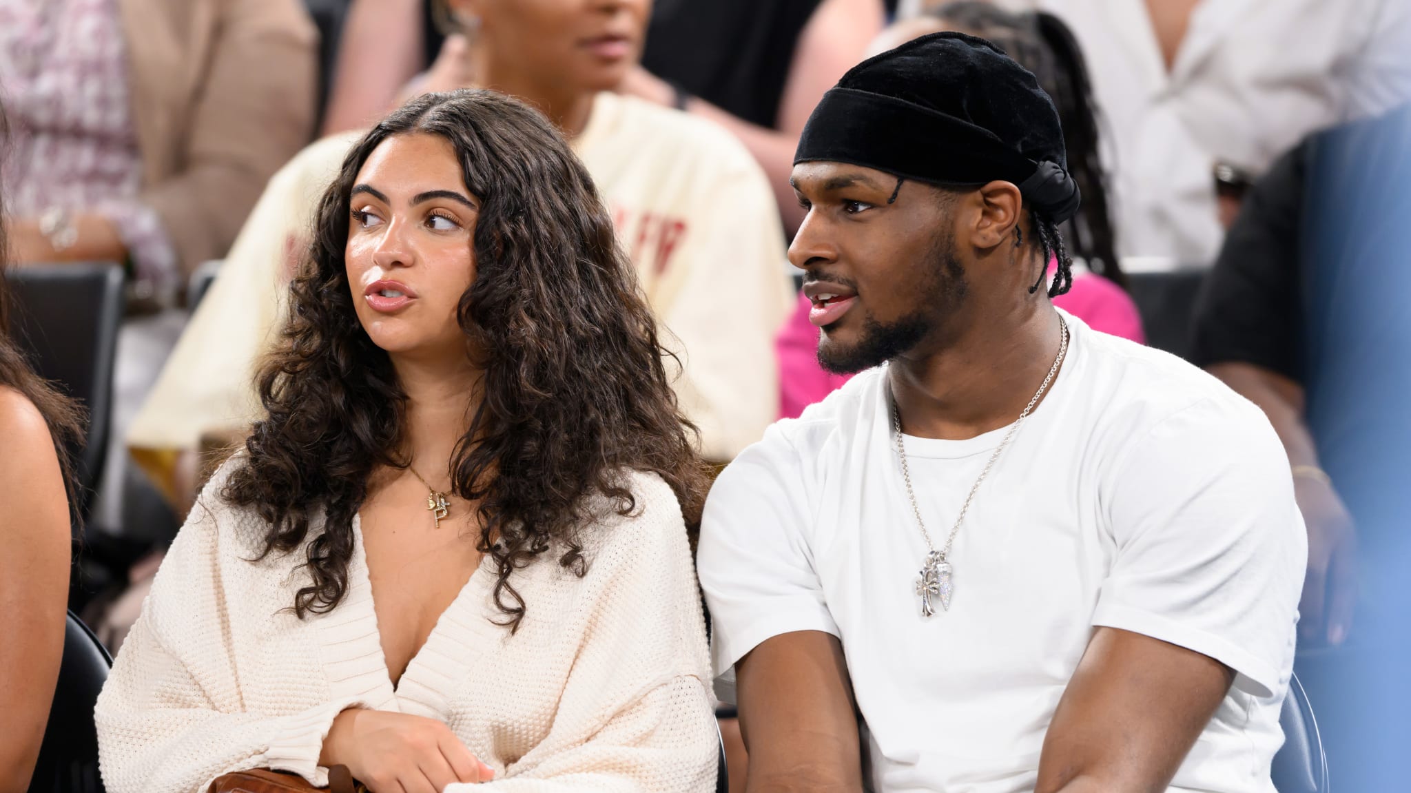 PARIS, FRANCE - AUGUST 08: Bronny James (R) attends the men's basketball semi-final match between Team United States and Team Serbia on day thirteen of the Olympic Games Paris 2024 at Bercy Arena on August 08, 2024 in Paris, France.