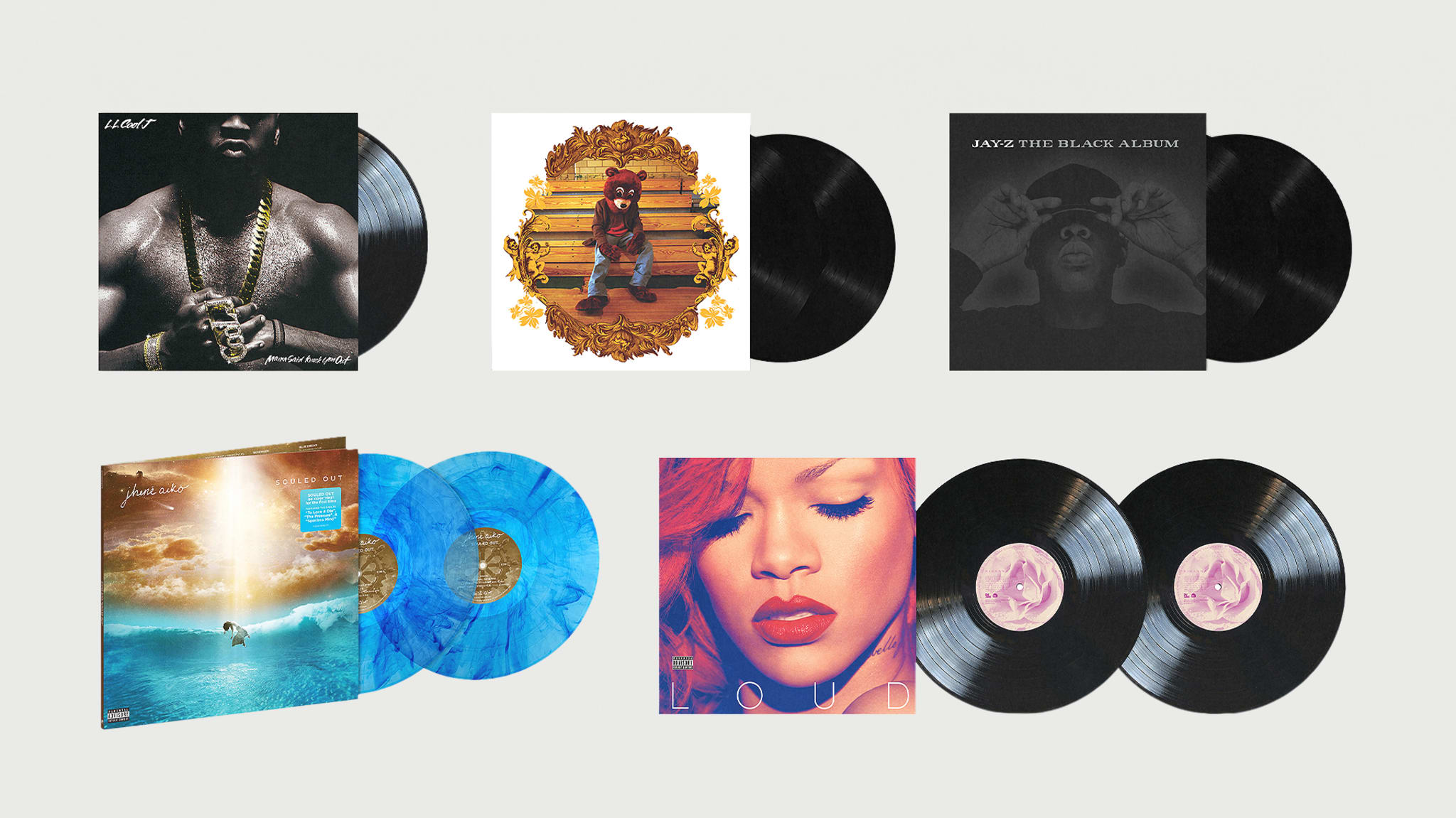 Vinyl records of Kanye West, Jay-Z, J. Cole, and Rihanna albums displayed with their cover art.