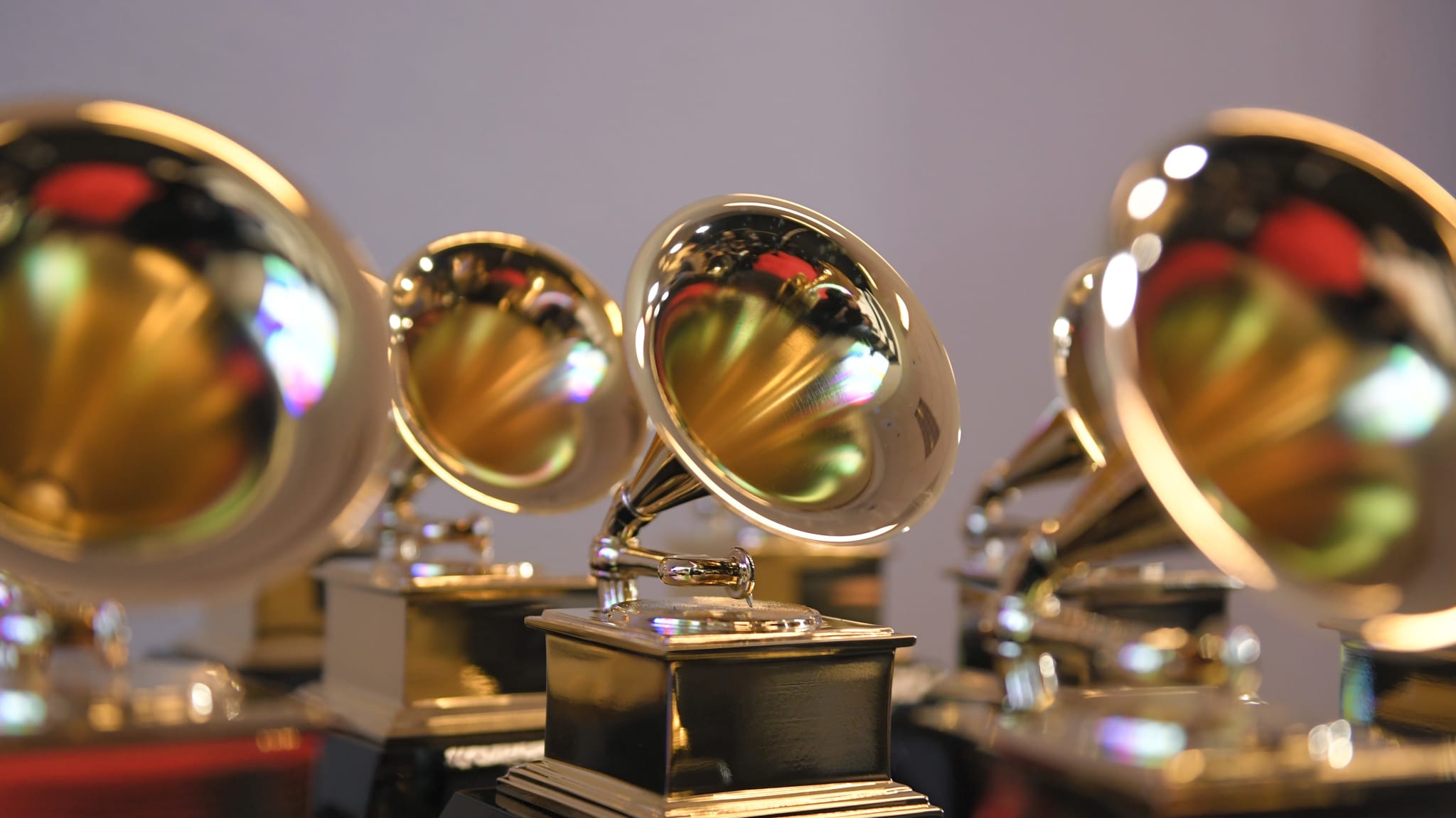 LAS VEGAS, NEVADA - APRIL 03: Grammy trophies sit in the press room during the 64th Annual GRAMMY Awards at MGM Grand Garden Arena on April 03, 2022 in Las Vegas, Nevada.