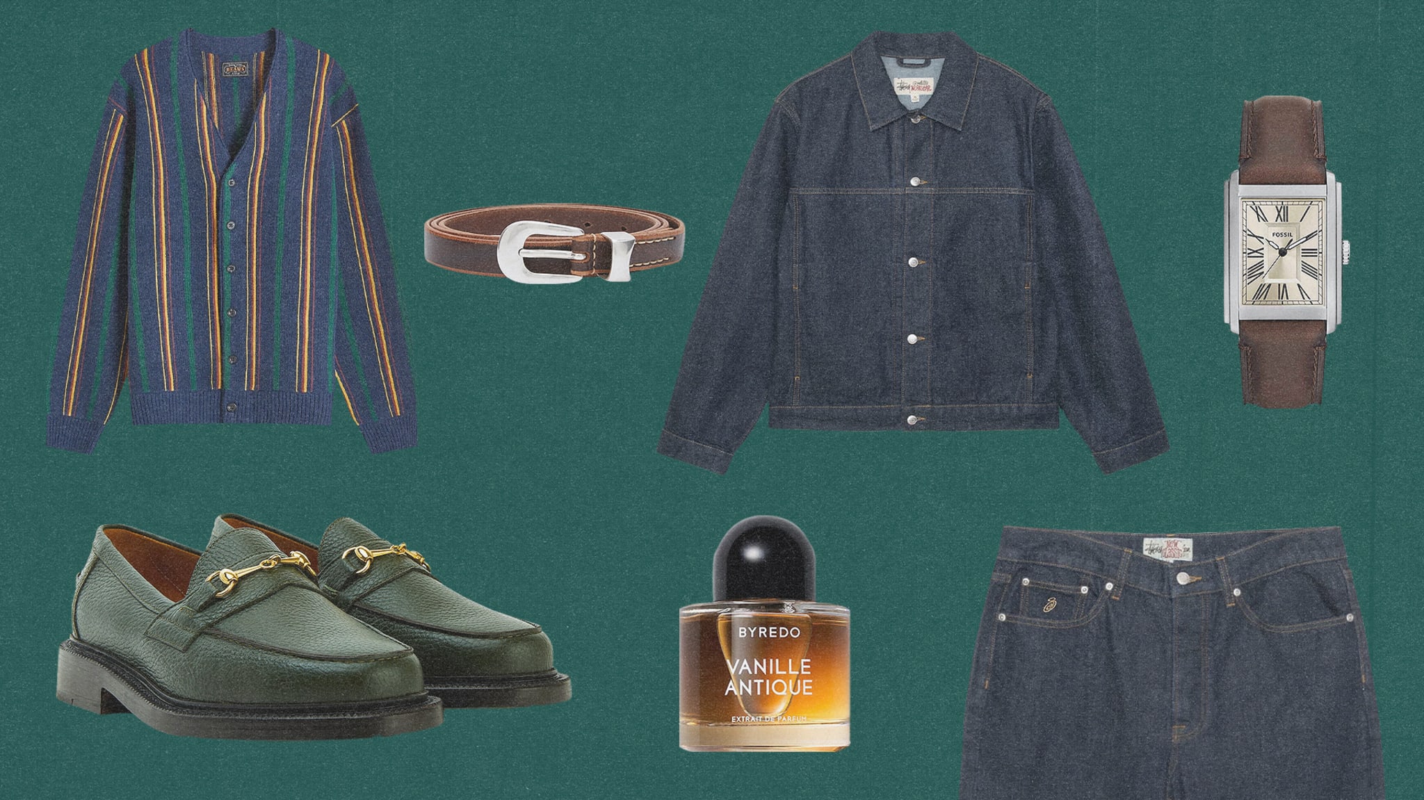 A collage featuring a striped cardigan, brown belt, denim jacket, leather watch, green loafers, Byredo perfume, and denim jeans.