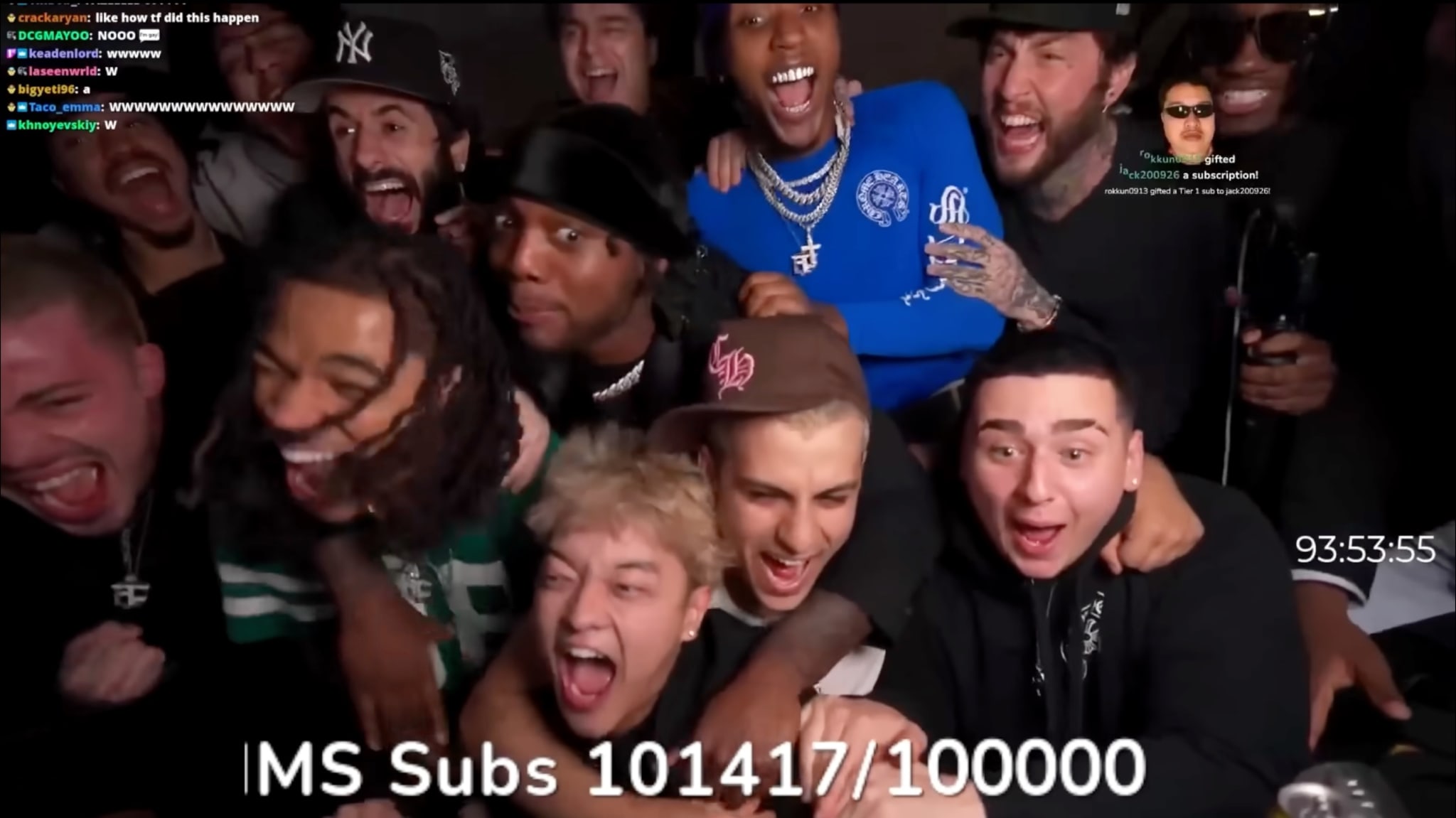 Various members of FaZe Clan celebrate streamer Jasontheween (middle) surpassing 100,000 Twitch subscribers during a September subathon.